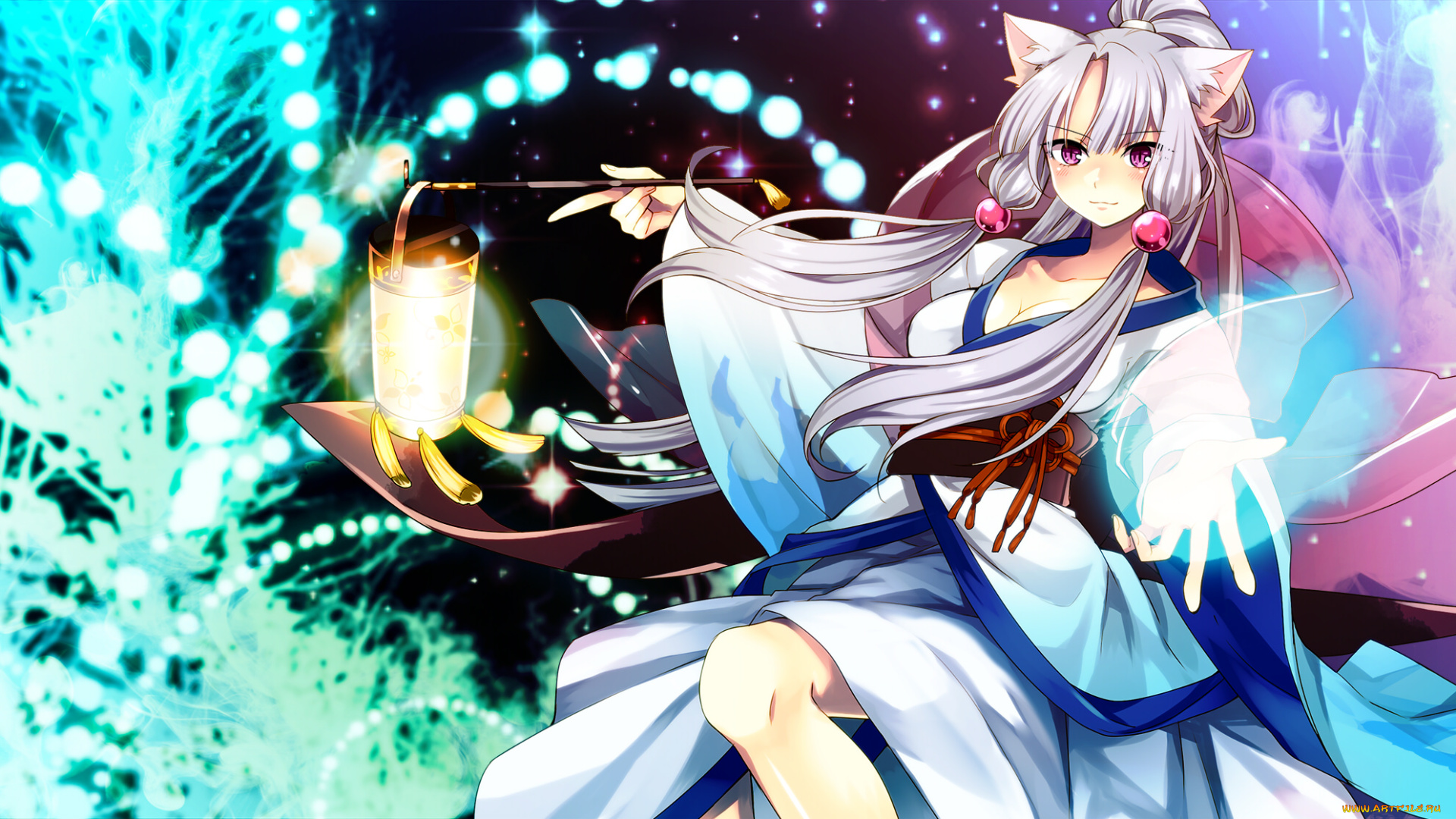 аниме, utau, рука, ночь, взгляд, фонарь, свет, сияние, девушка, арт, toudou, charo