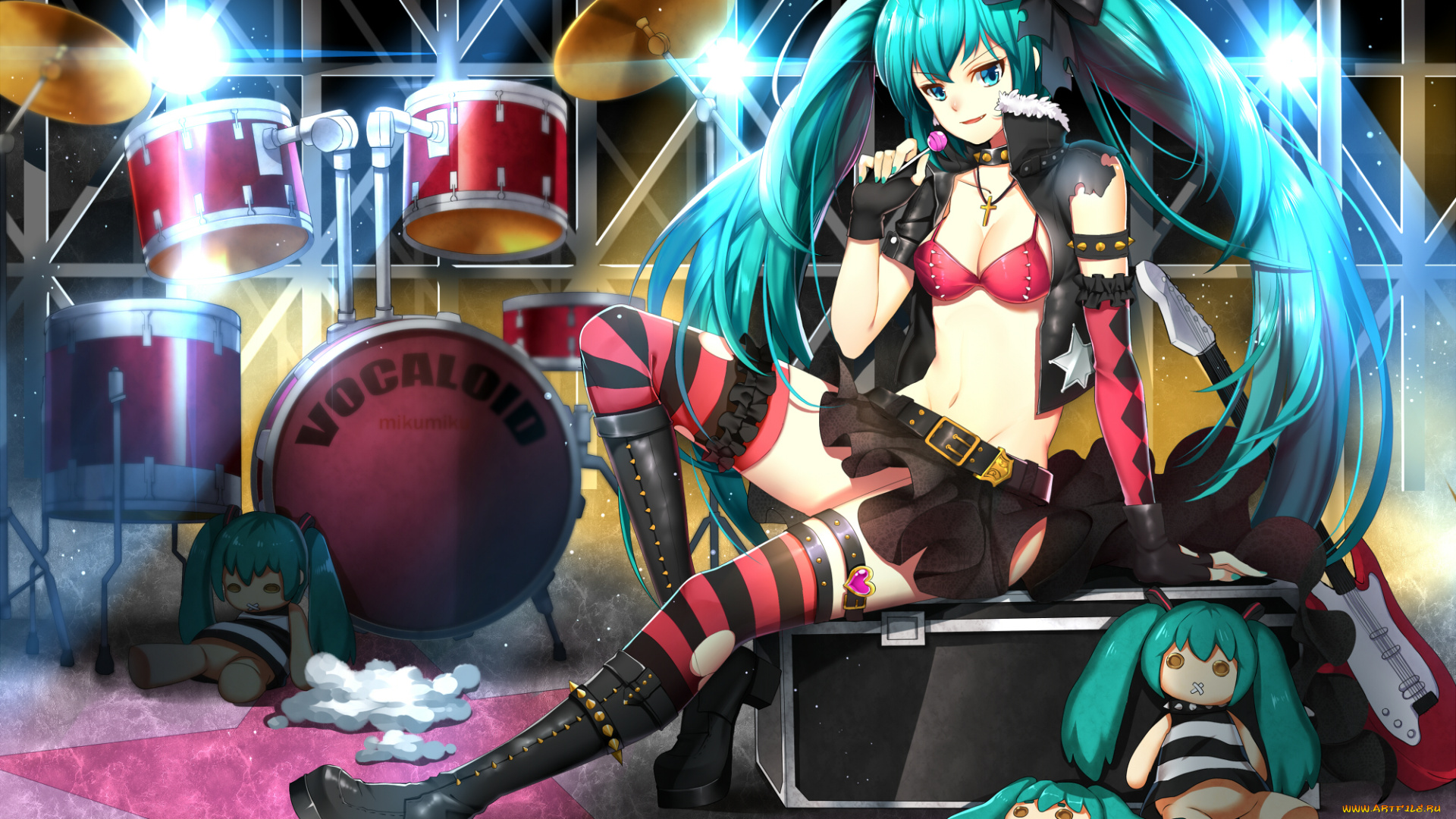 аниме, vocaloid, greetload, hatsune, miku, девушка, сцена, вата, чупа-чупс, свет, игрушки, барабаны, арт
