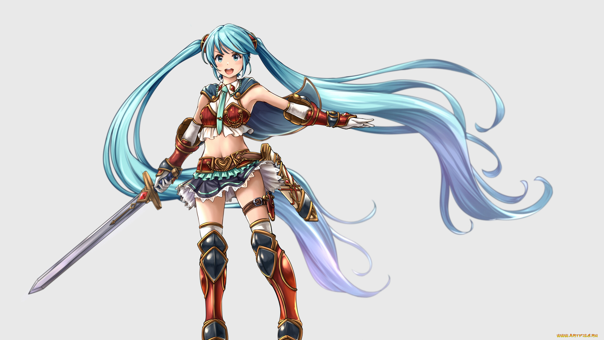 аниме, vocaloid, hatsune, miku, доспехи, девушка, фон, арт, miu, angelo, whitechoc, меч