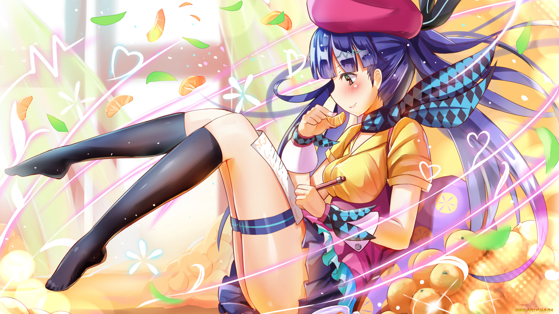 аниме, vocaloid, xin, hua, qian, wu, atai, арт, мандарины, чай, письмо, конверт, берет, лерестки, девушка