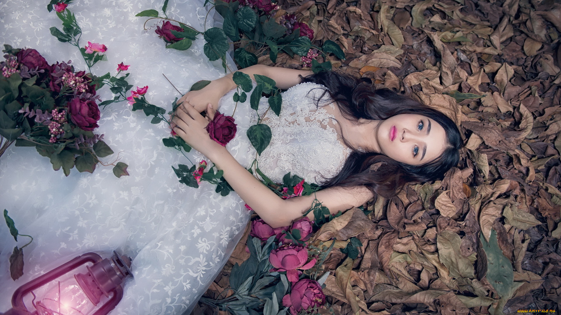 девушки, -unsort, , азиатки, лампа, розы, девушка