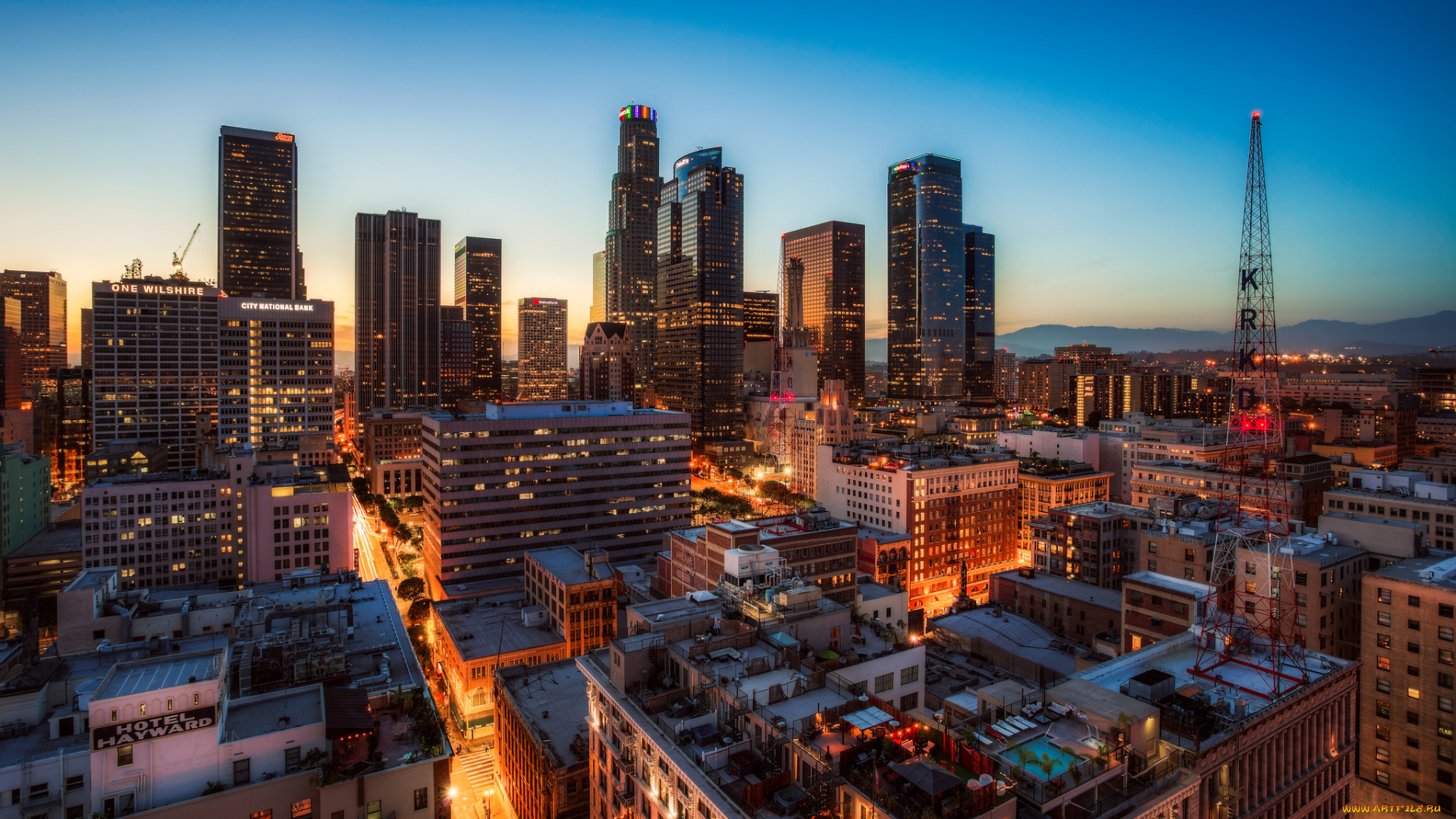 downtown, la, rooftop, города, лос-анджелес, , сша, огни, небоскребы, рассвет