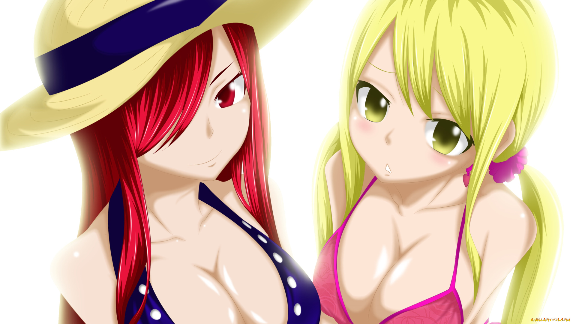 fairy, tail, аниме, lucy, heartfilia, шляпа, взгляд, девушки, erza, scarlet, фон