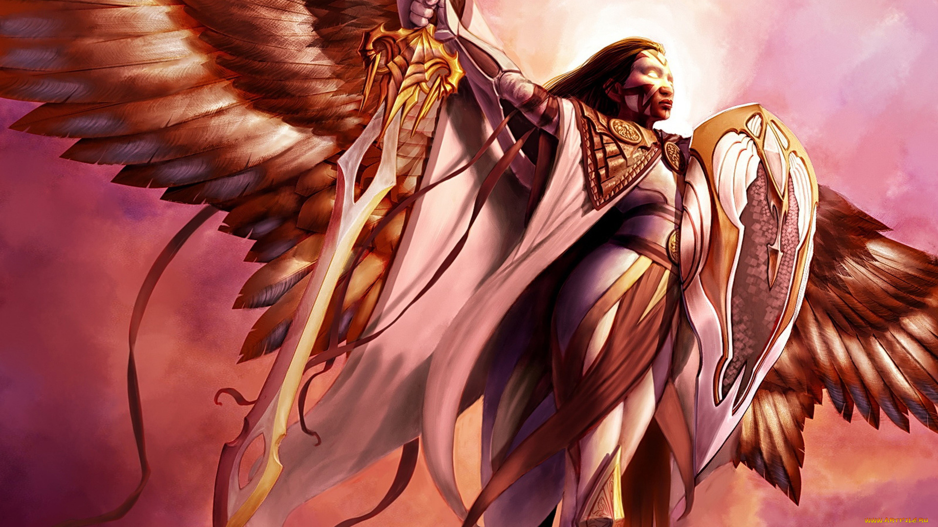 фэнтези, ангелы, меч, свет, ангел, девушка, щит