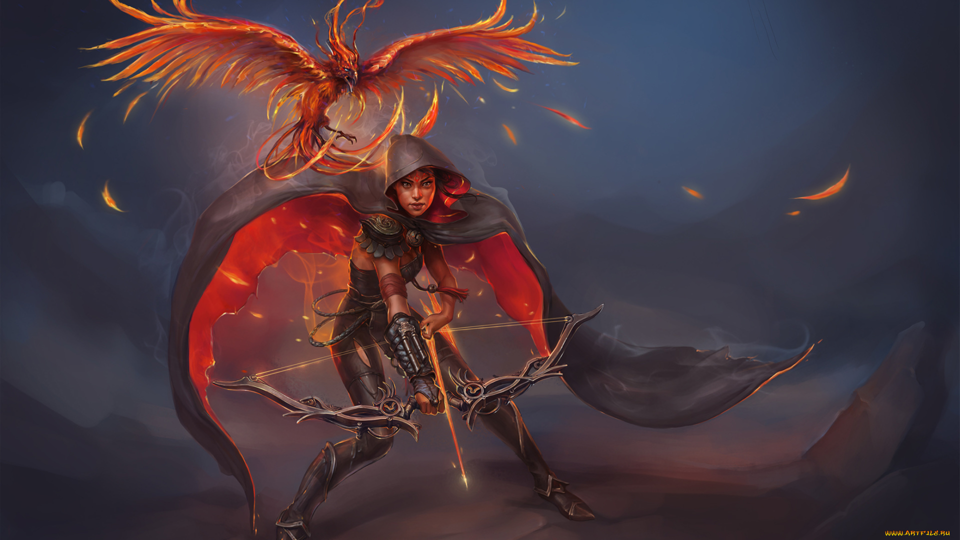 фэнтези, красавицы, и, чудовища, лук, птица, огонь, девушка, феникс, art, стрелы