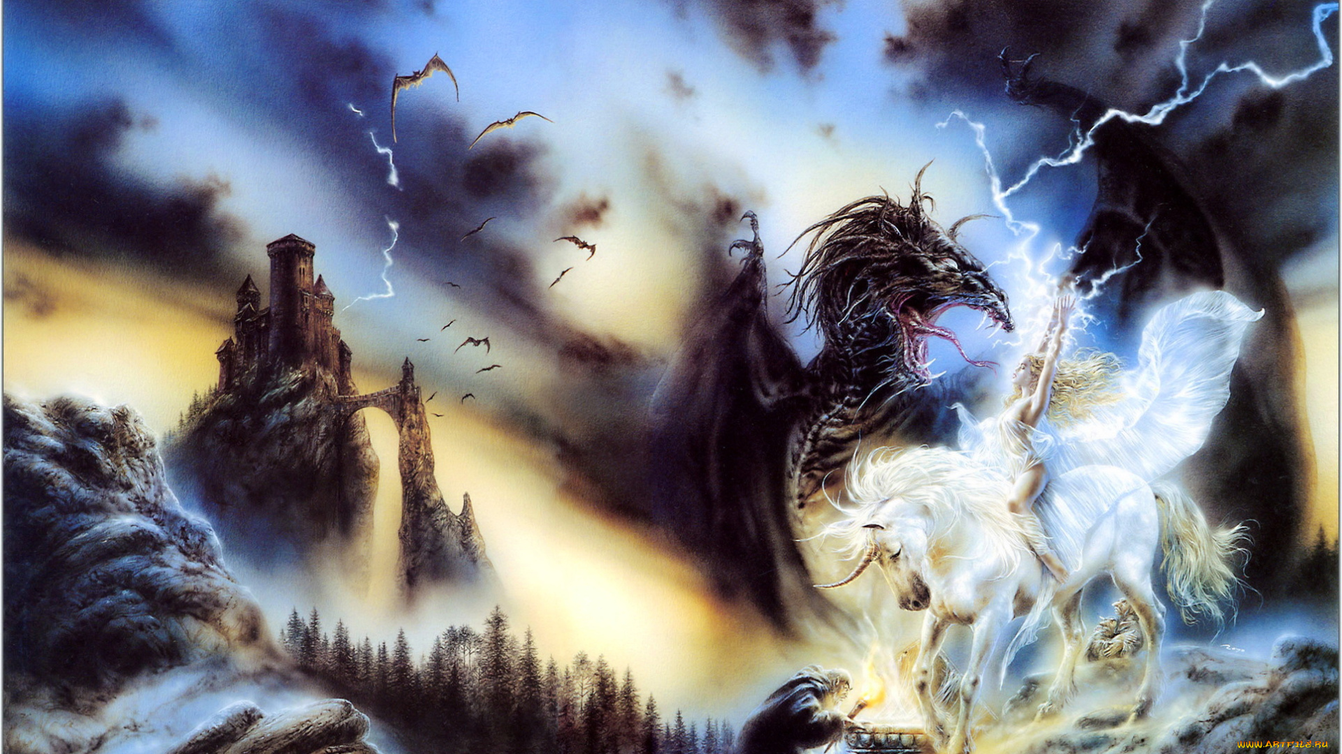 фэнтези, _luis, royo, malefic, черный, 1994, сражение, девушка, маг, всадник, единорог, молнии, гоблины, luis, royo, мыши, летучие, замок, пасть, дракон, memory, in, white