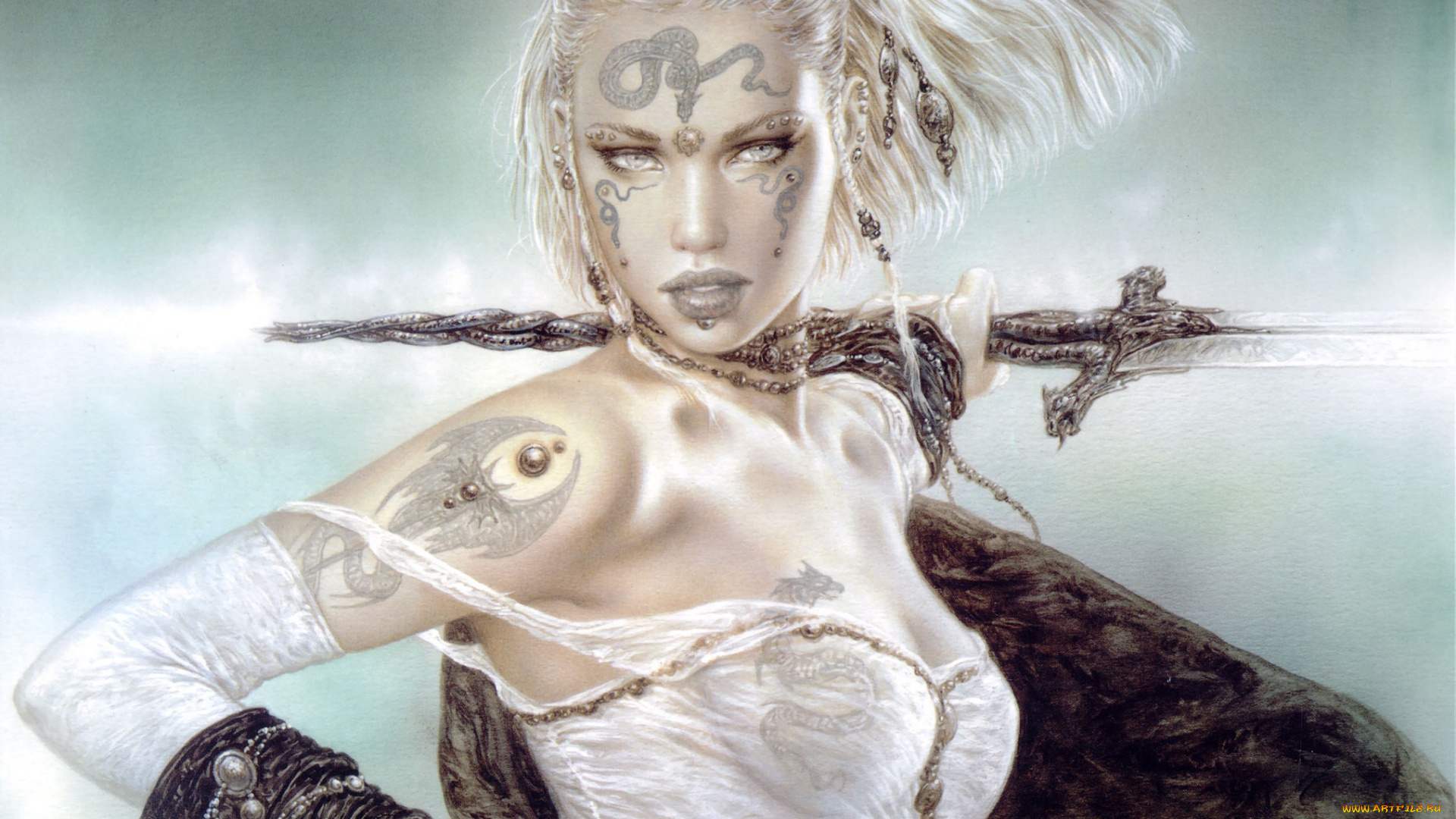 фэнтези, _luis, royo, sword, girl, art, luis, royo, princess, warrior, fantasy, tattoo, white, hair