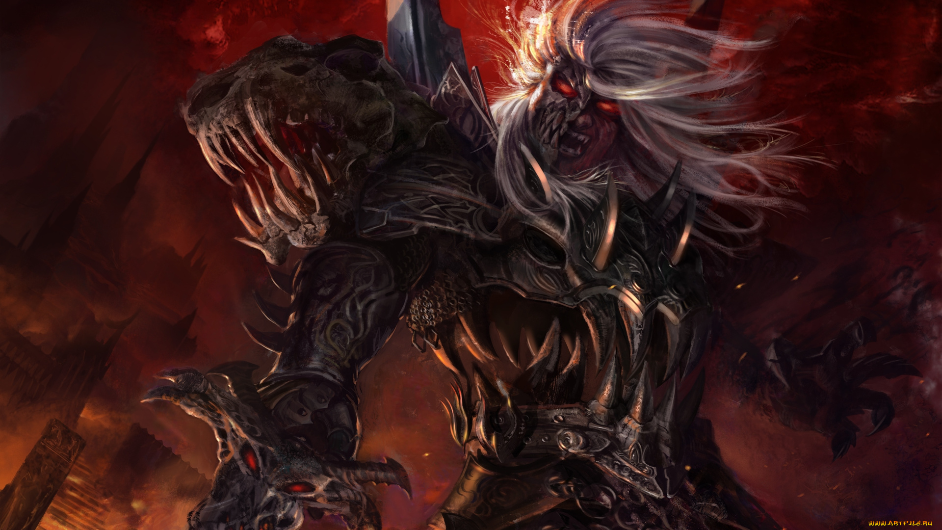 фэнтези, нежить, огонь, демон, доспехи, клыки, воин