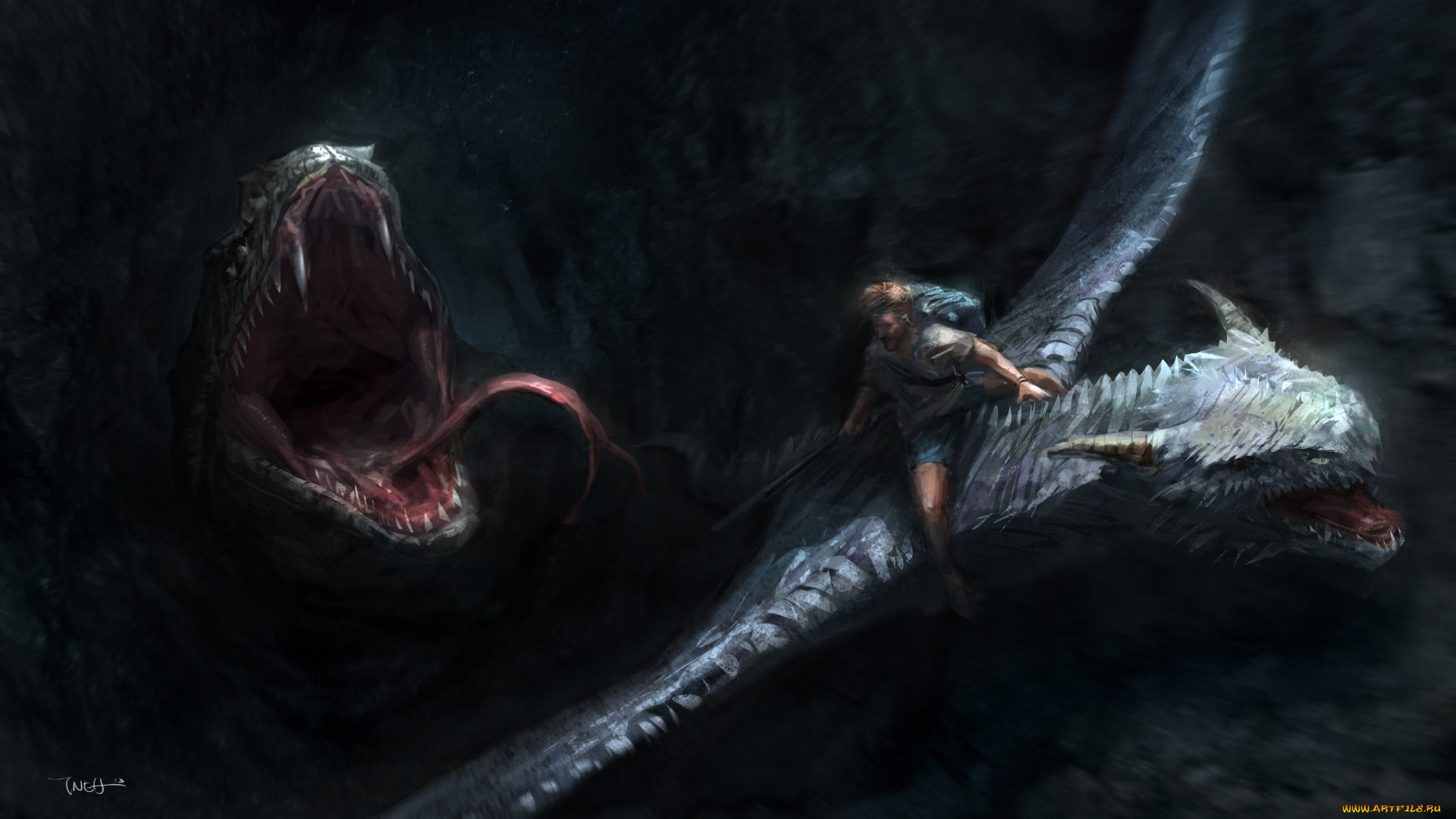 фэнтези, существа, фантастика, спасение, арт, существо, монстр, пасть, человек