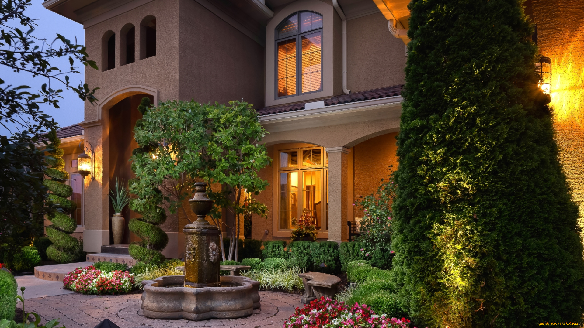 города, -, здания, , дома, цветы, деревья, особняк, дом, двор, роскошь, красота, фонтан