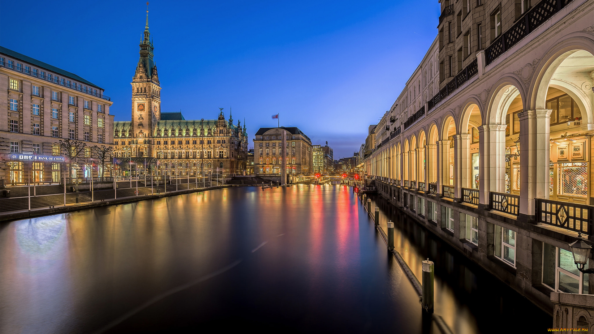 hamburger, rathaus, города, гамбург, , германия, огни, галерея, здания, рассвет