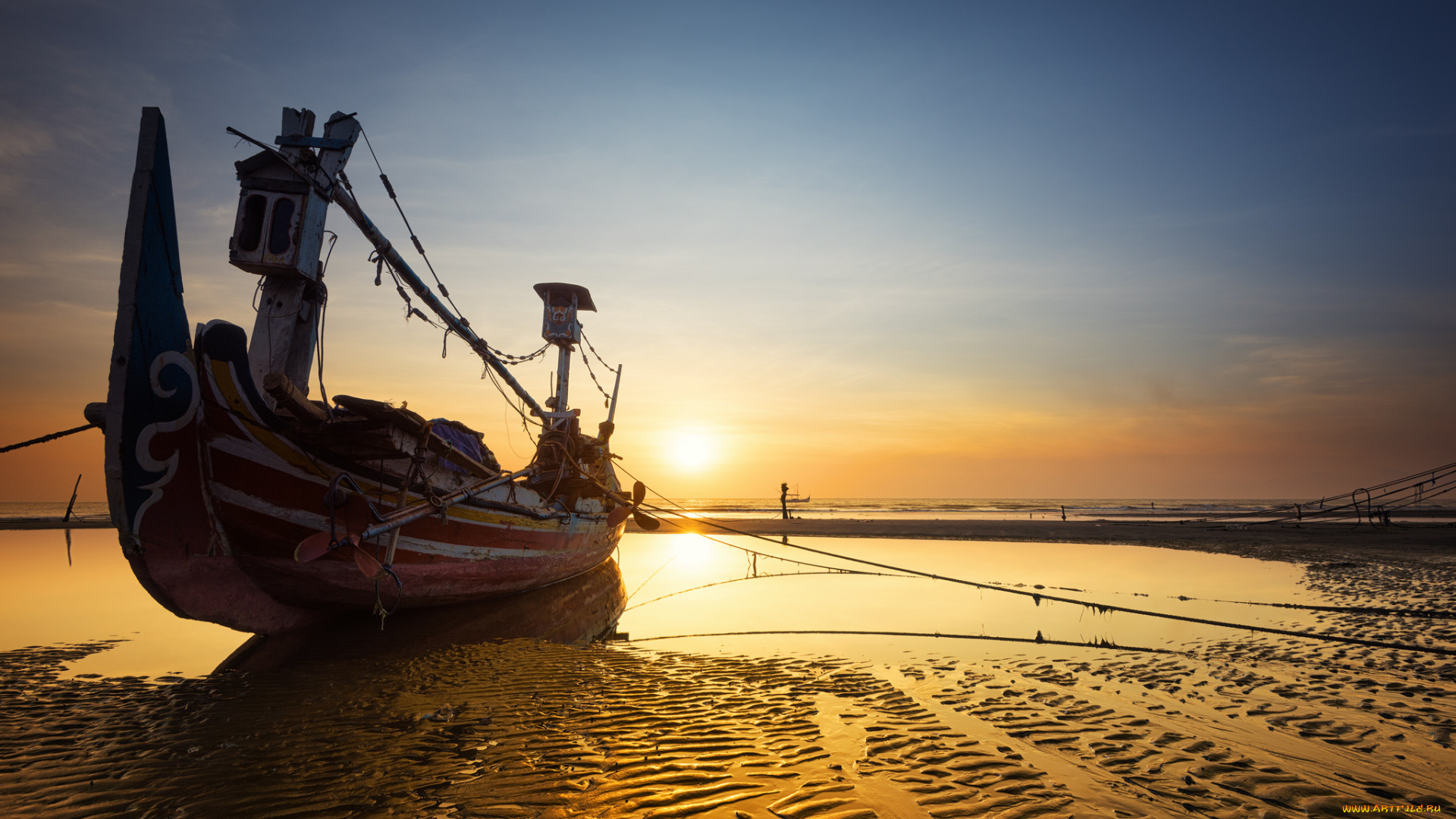 корабли, моторные, лодки, рассвет, лодка, отлив, океан