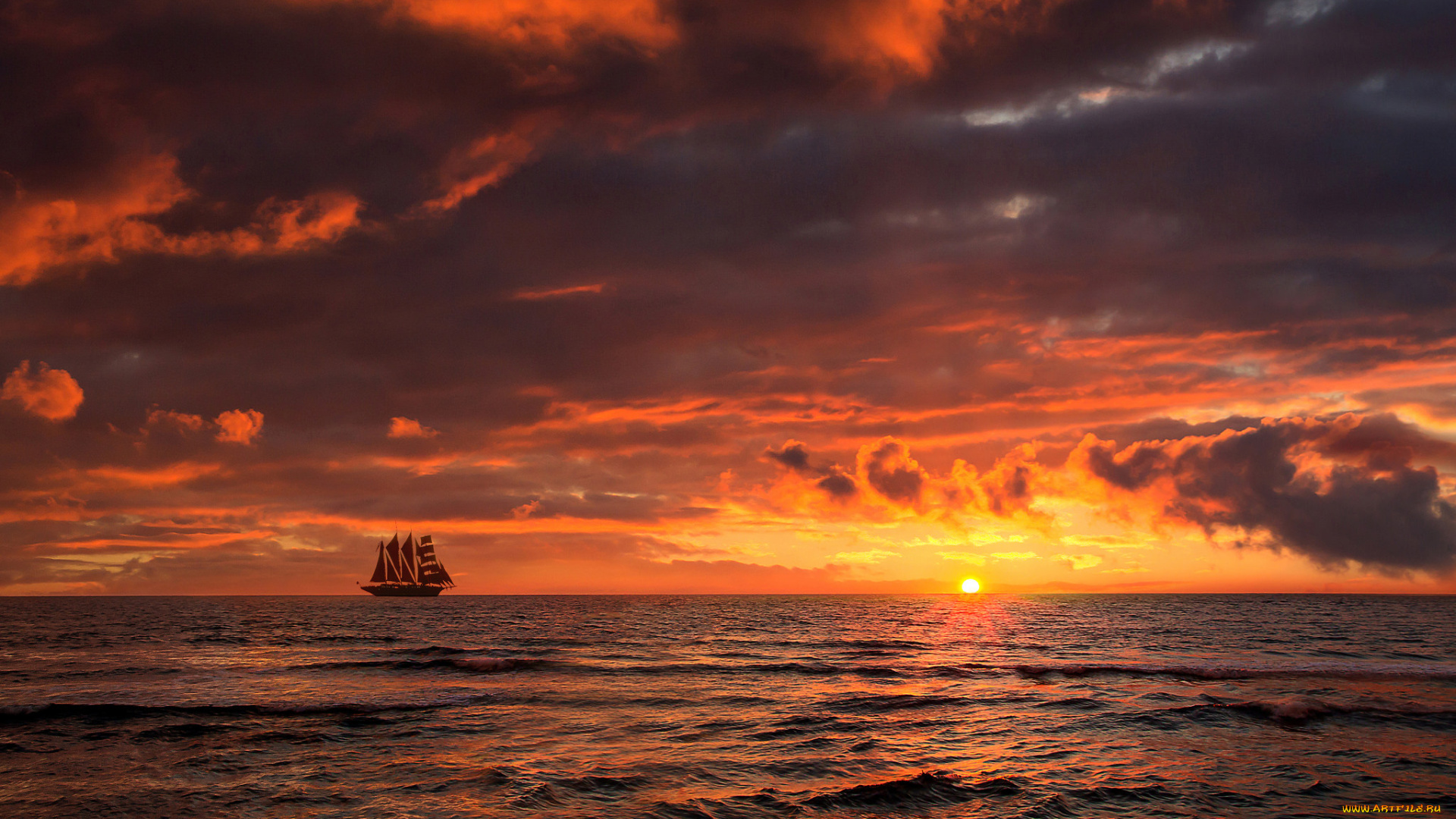 корабли, парусники, рассвет, горизонт, паруса, океан