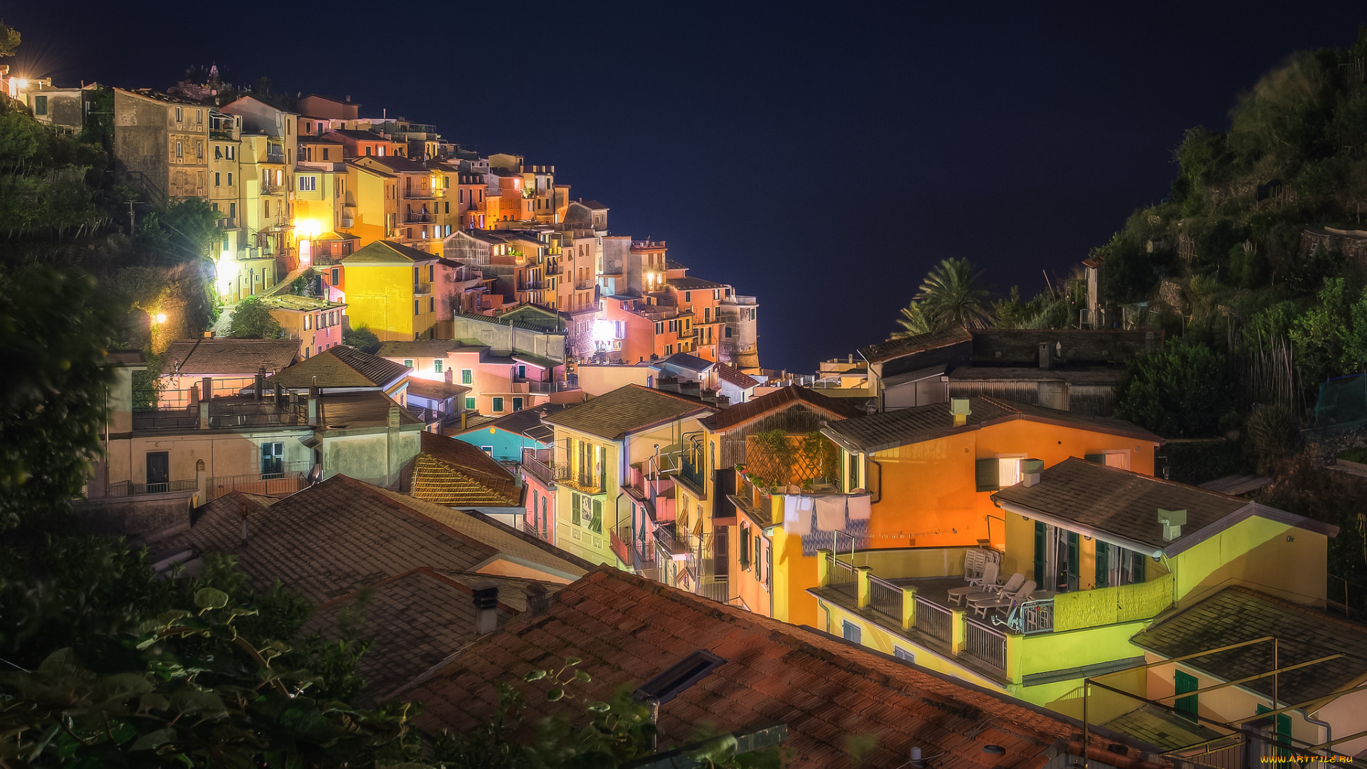 manarola, города, амальфийское, и, лигурийское, побережье, , италия, огни, ночь, поселок