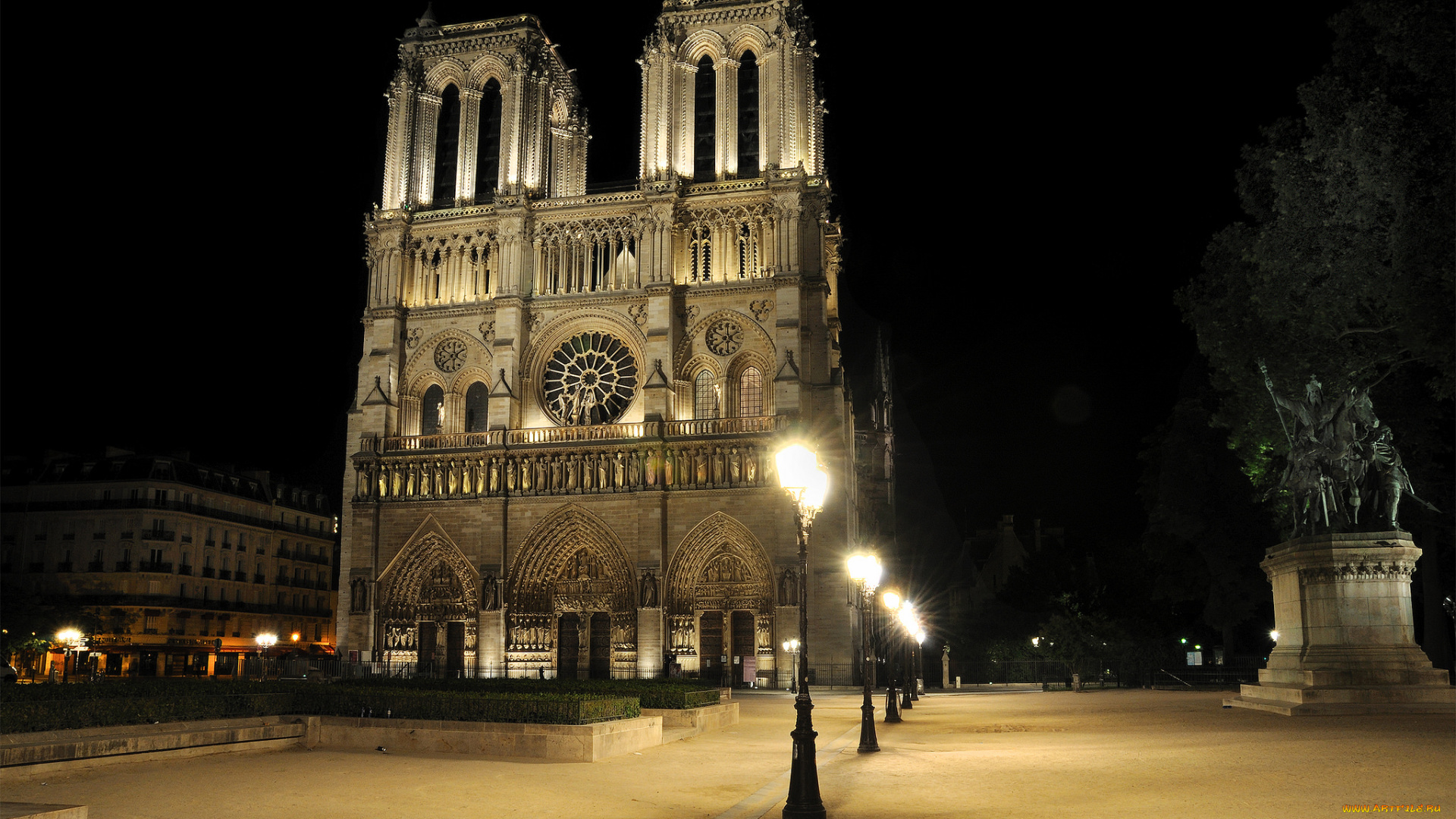 notre-dame, города, париж, , франция, фонарь, собор, ночь