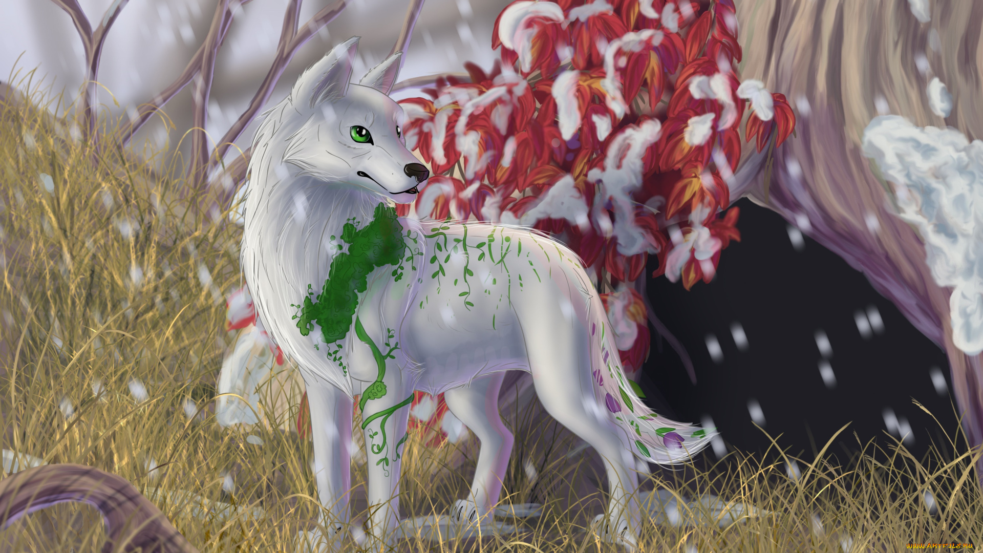 рисованное, животные, , сказочные, , мифические, фон, лес, волк