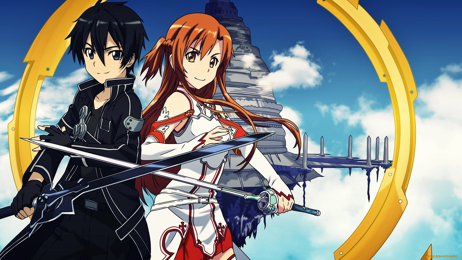 sword, art, online, аниме, парень, оружие, фон, взгляд, девушка, kirito, yuuki, asuna