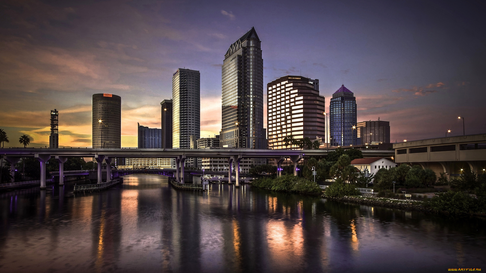 tampa, sunset, города, -, панорамы, мост, река, небоскребы