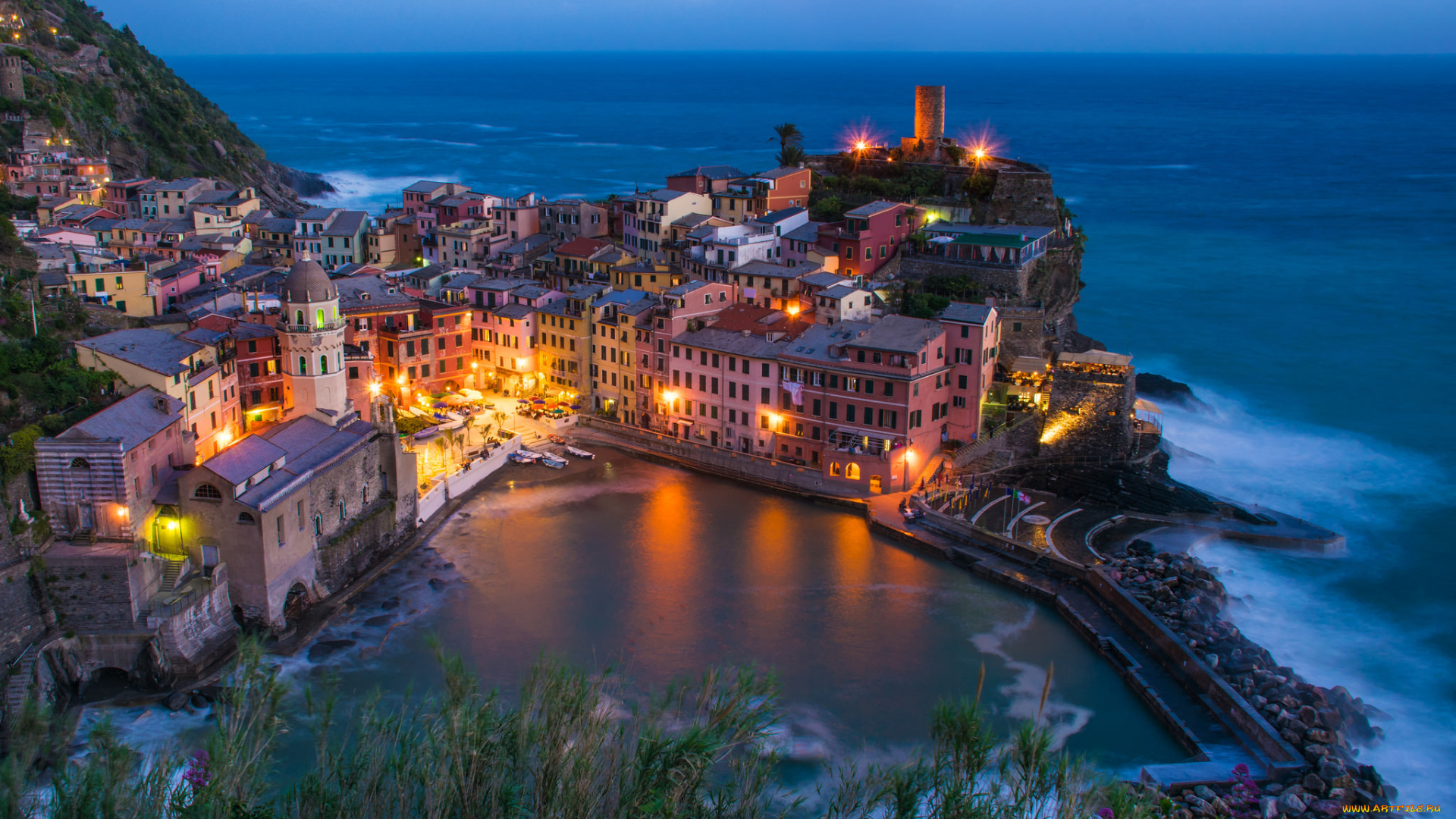 vernazza, at, night, города, амальфийское, и, лигурийское, побережье, , италия, огни, поселок, море