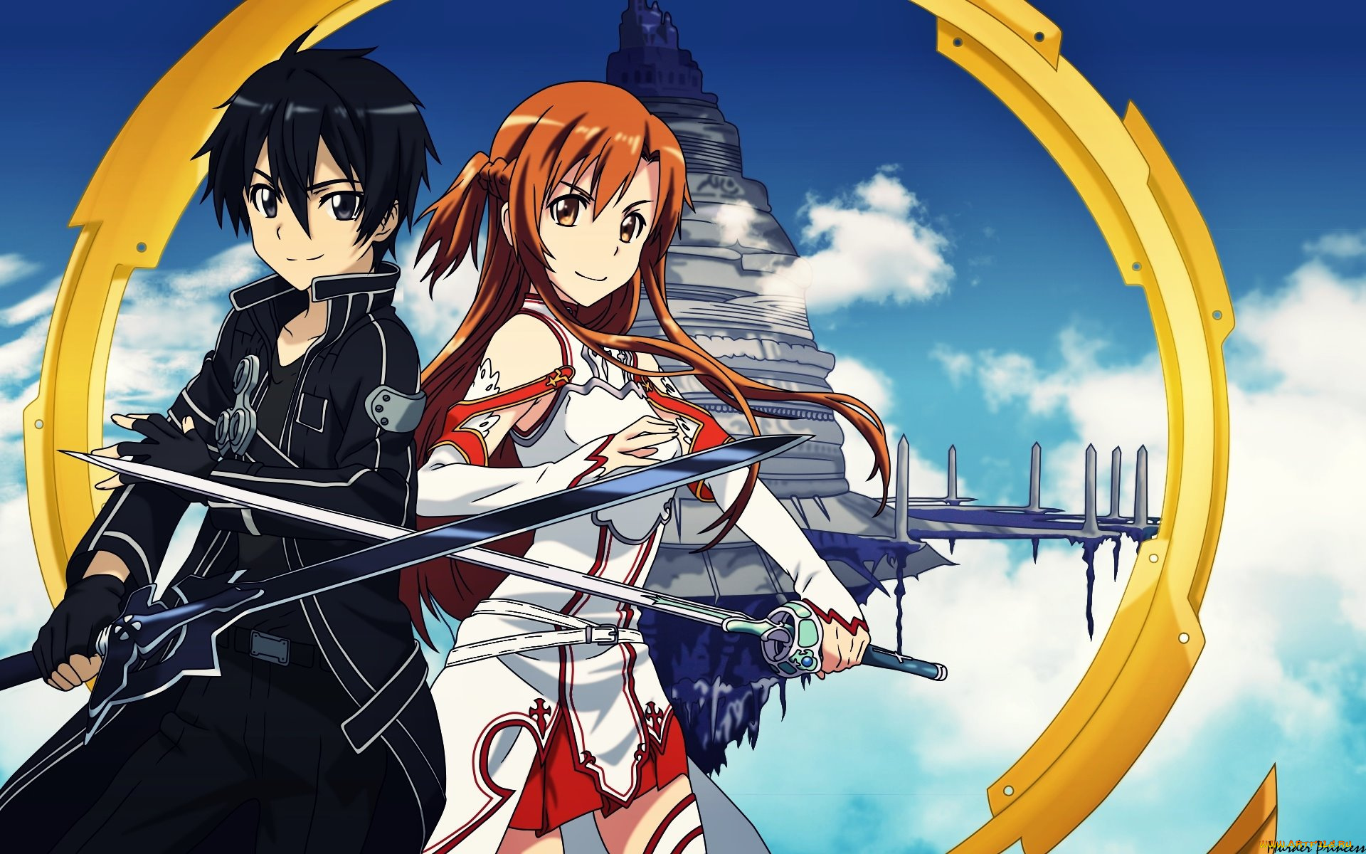 sword, art, online, аниме, парень, оружие, фон, взгляд, девушка, kirito, yuuki, asuna