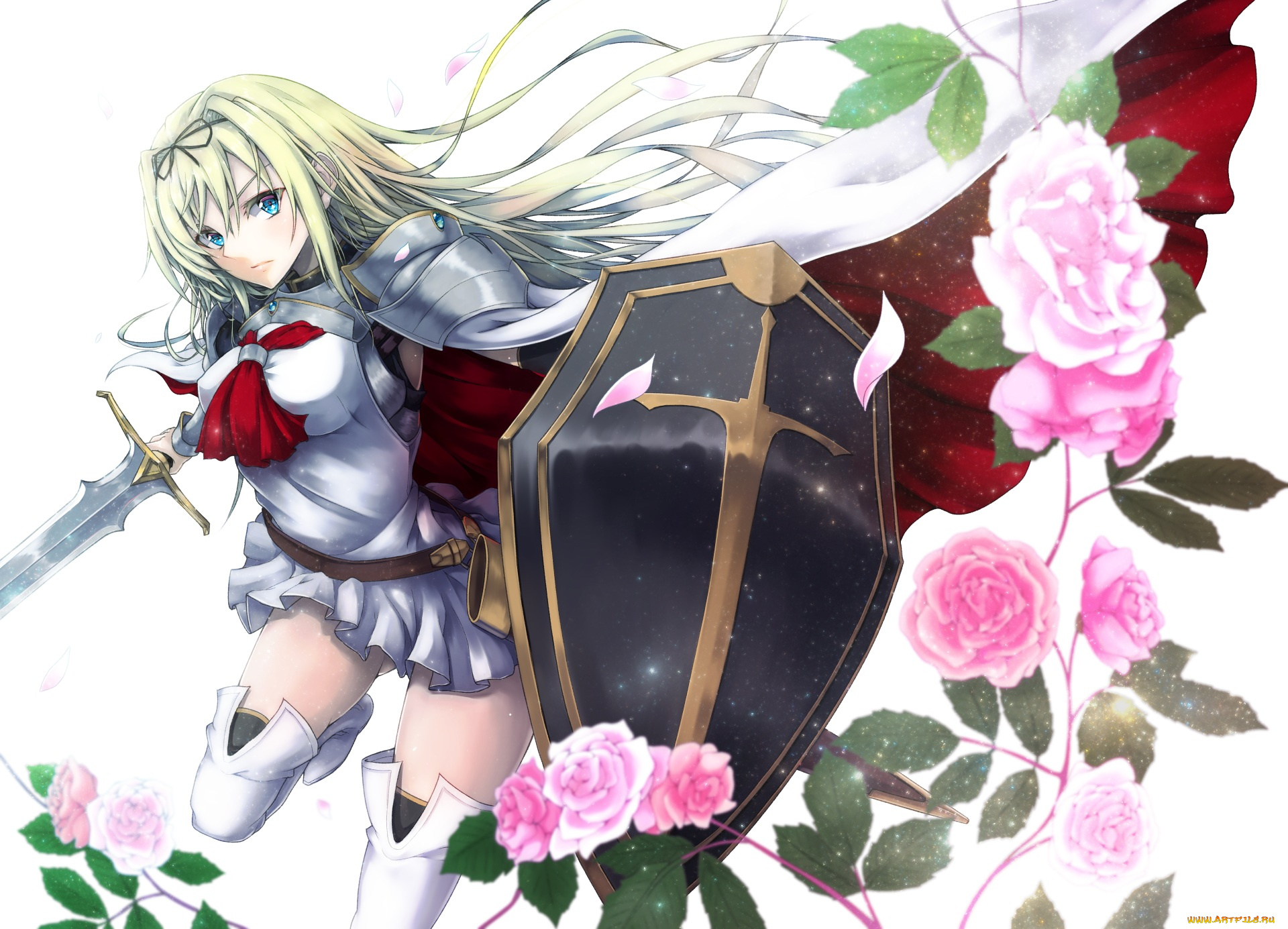 аниме, оружие, , техника, , технологии, sennen, sensou, aigis, cornelia, арт, девушка, щит, меч, розы, ihara, natsume