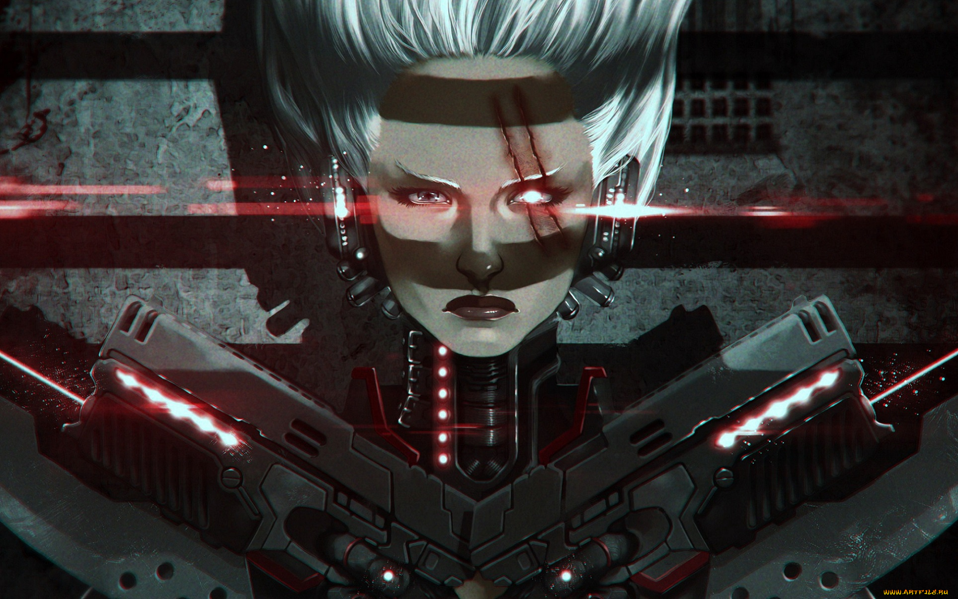 фэнтези, роботы, , киборги, , механизмы, лазеры, киборг, взгляд, шрам, tempo, slice, shwann, universe, неон, пистолеты