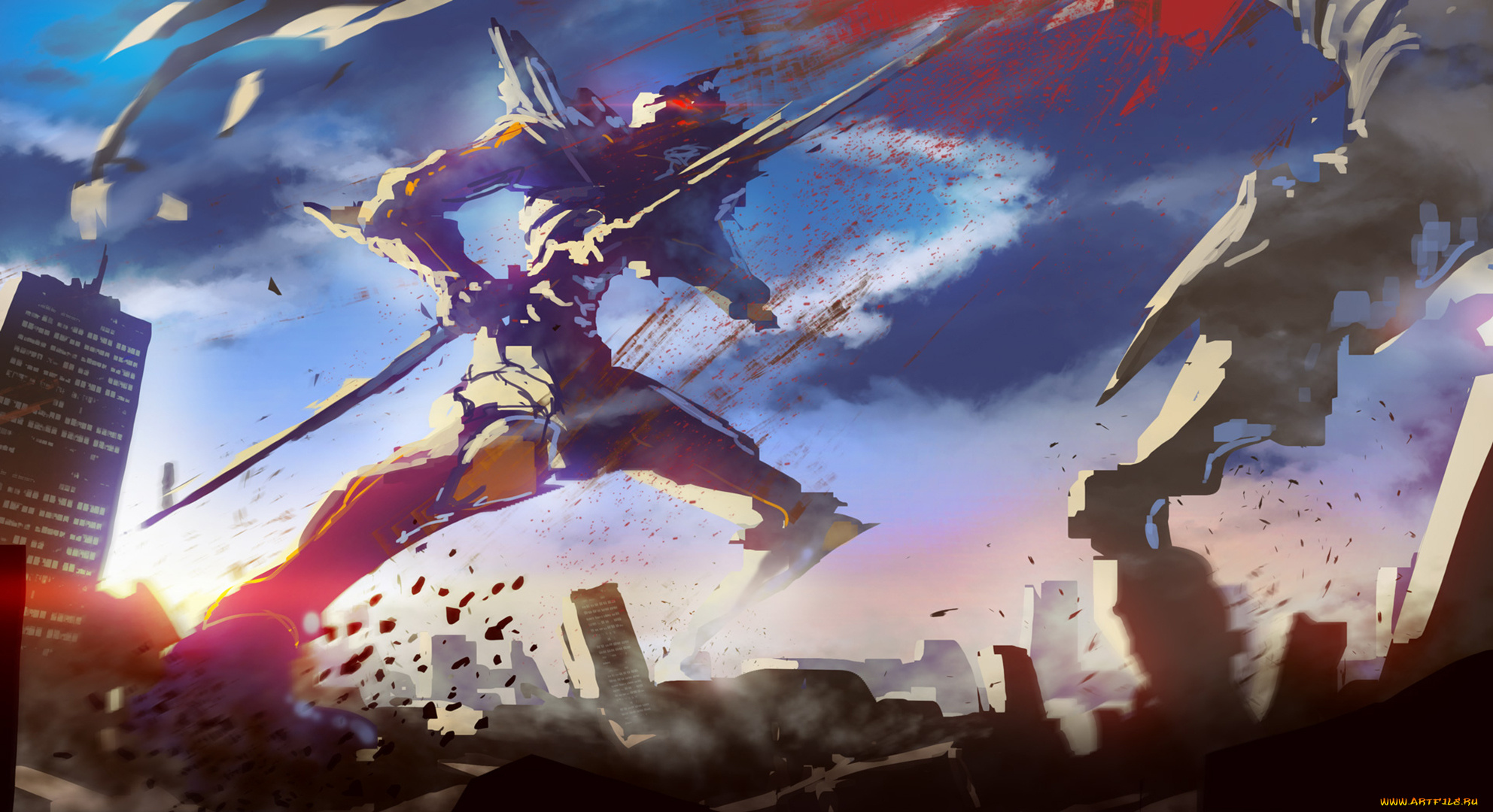 аниме, evangelion, разрушение, город, арт, фантастика, робот, кровь, гигант