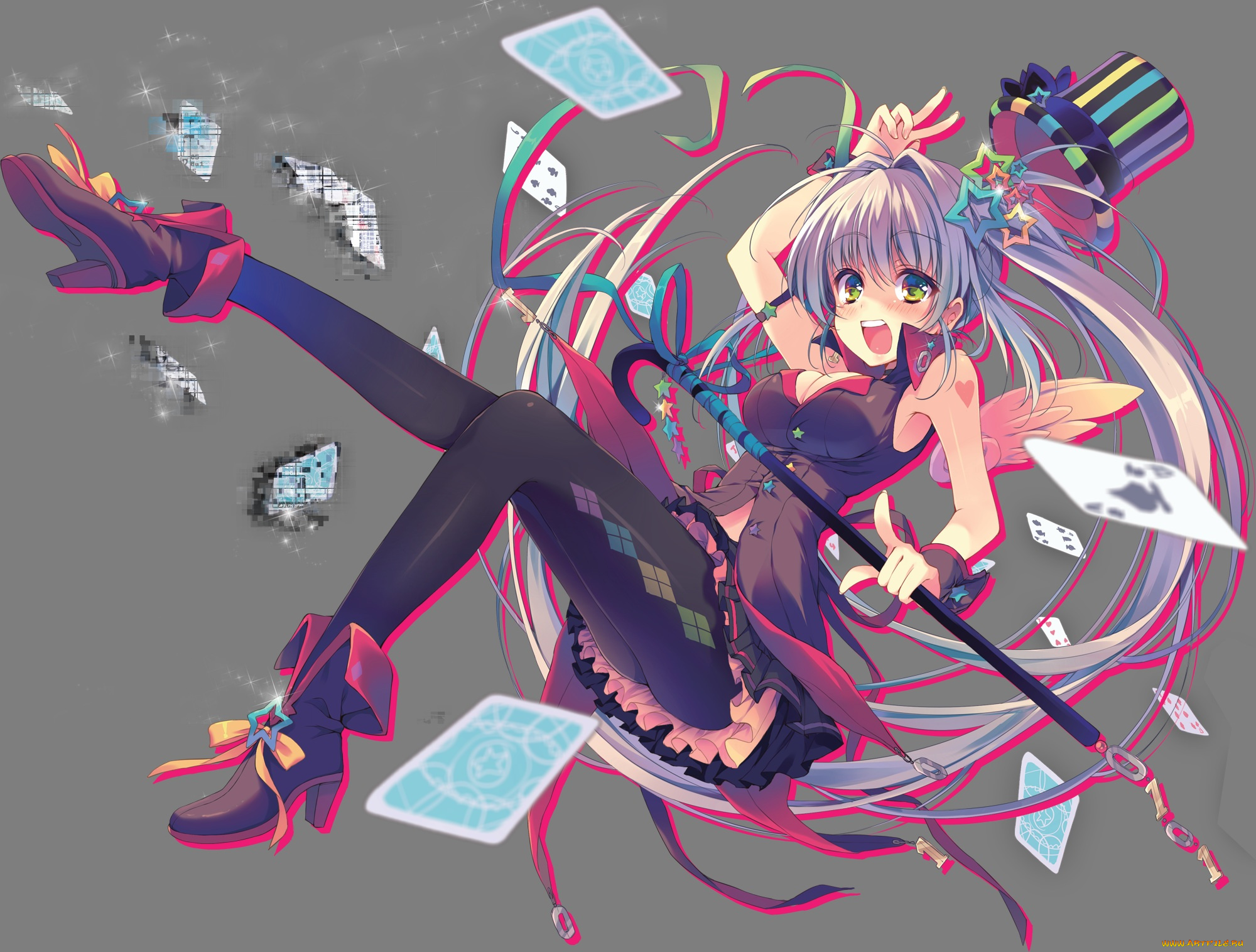 аниме, unknown, , другое, reia, арт, девушка, фон, карты, искры, шляпа