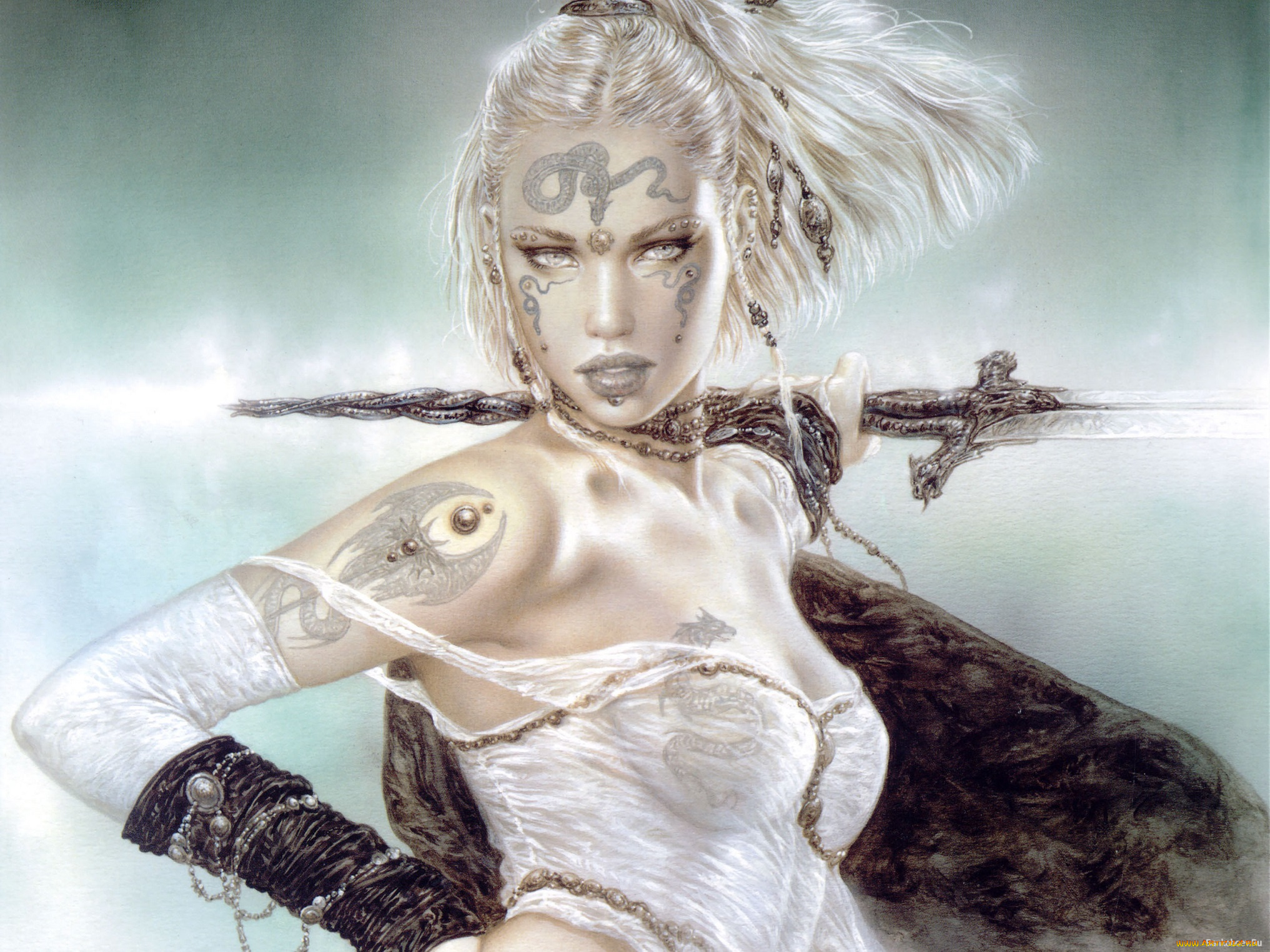 фэнтези, _luis, royo, sword, girl, art, luis, royo, princess, warrior, fantasy, tattoo, white, hair