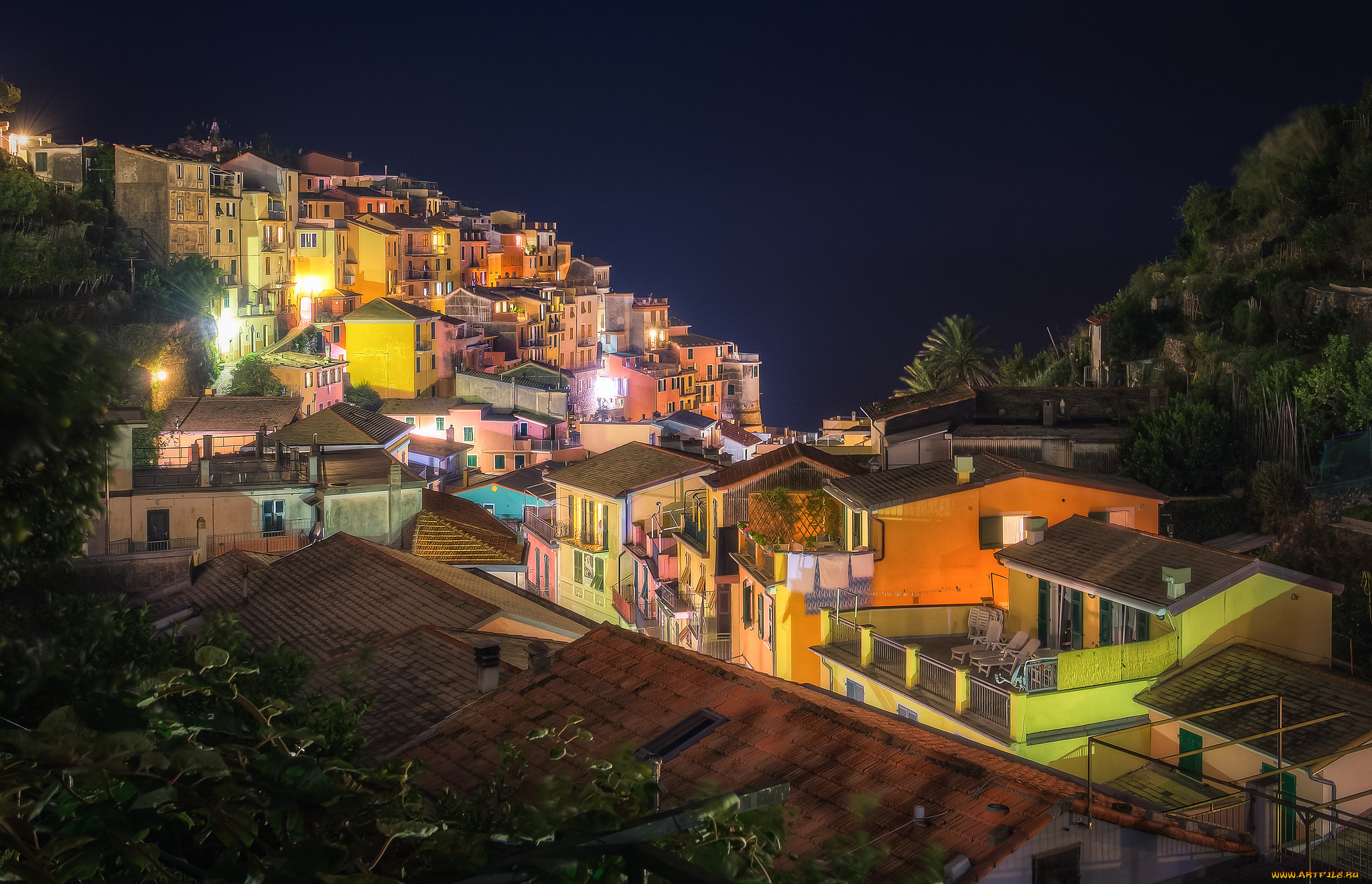 manarola, города, амальфийское, и, лигурийское, побережье, , италия, огни, ночь, поселок