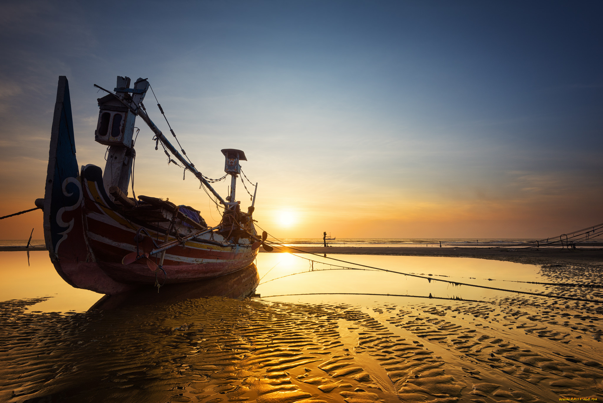 корабли, моторные, лодки, рассвет, лодка, отлив, океан