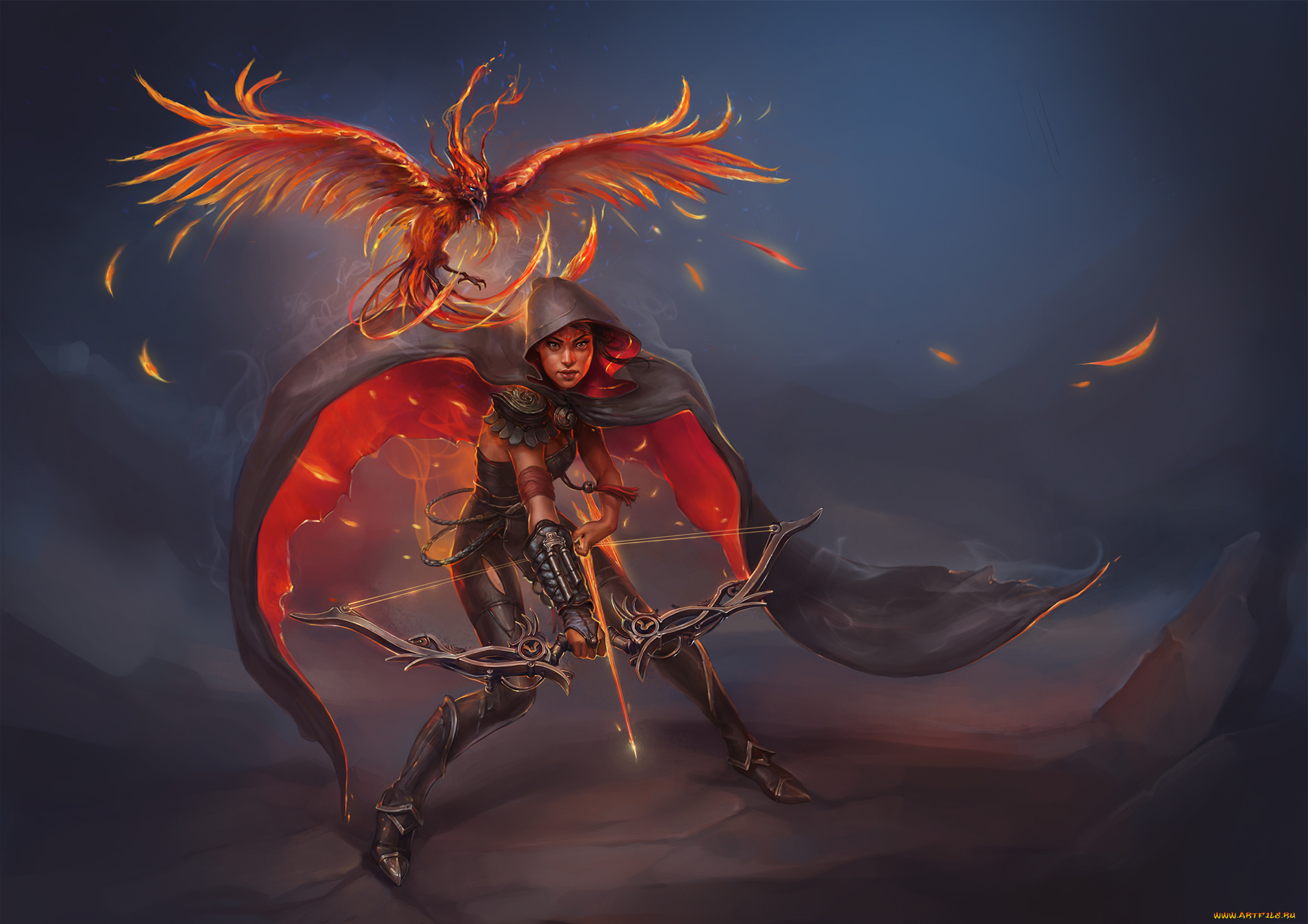 фэнтези, красавицы, и, чудовища, лук, птица, огонь, девушка, феникс, art, стрелы