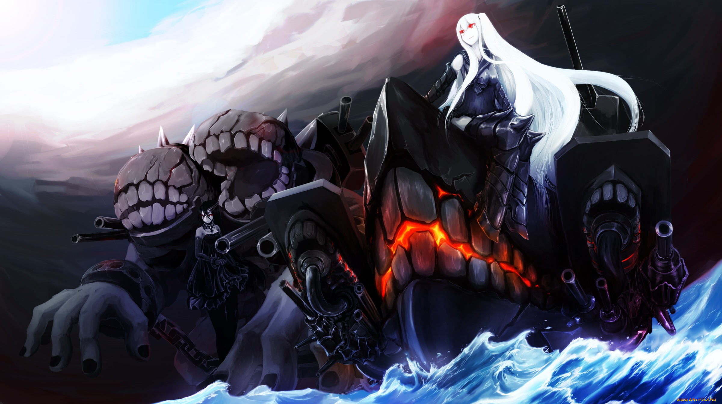 аниме, kantai, collection, battleship, water, oni, волны, зубы, aircraft, carrier, hime, kantai, collection, монстр, девушка, арт, umino, море, вода