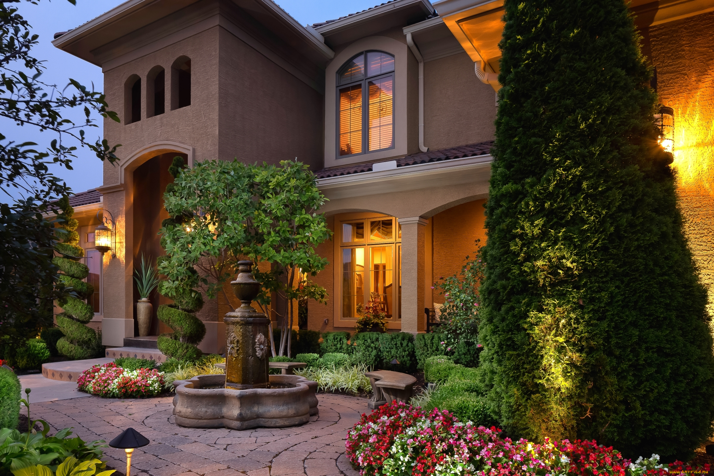 города, -, здания, , дома, цветы, деревья, особняк, дом, двор, роскошь, красота, фонтан