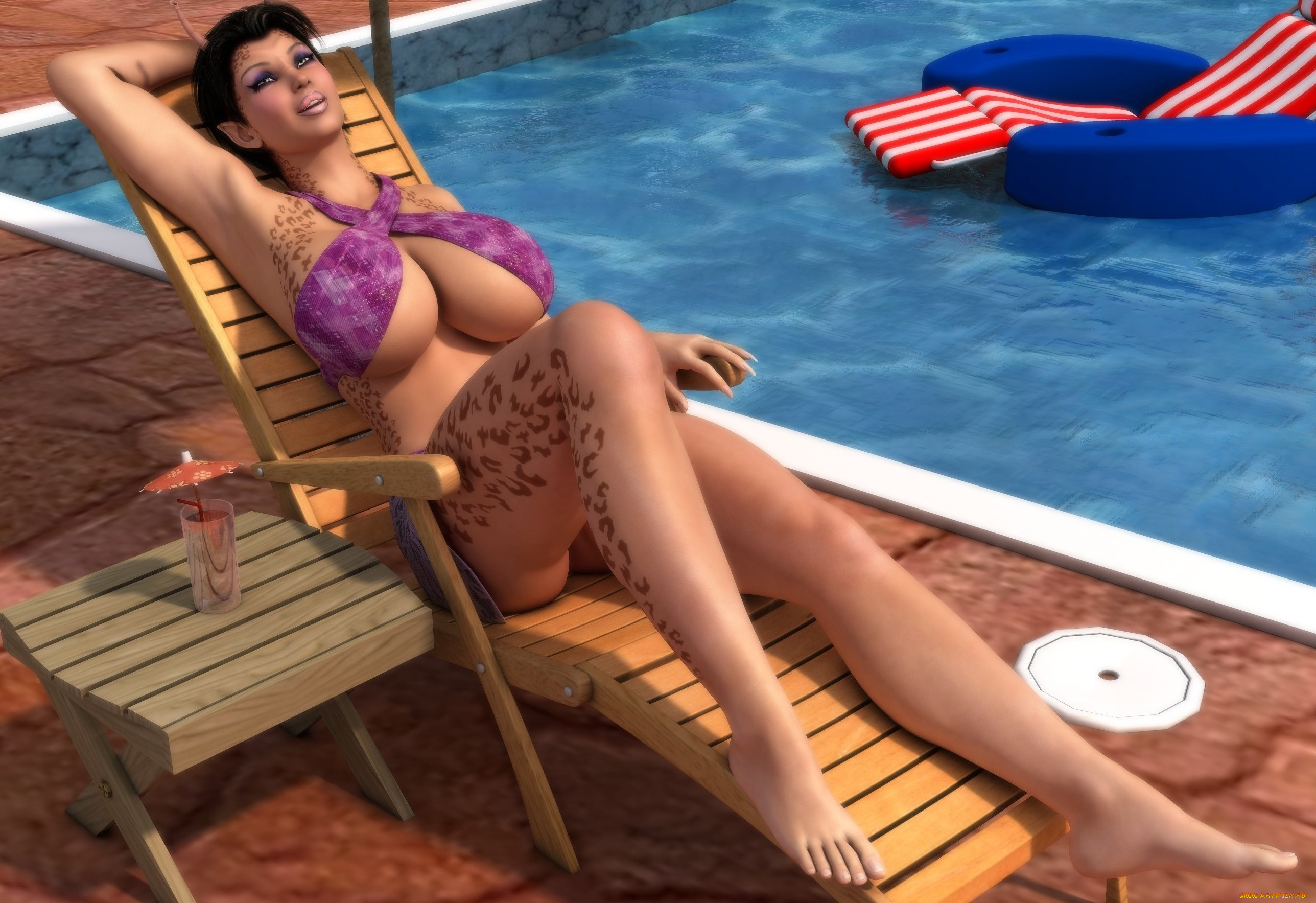 3д, графика, люди, , people, фон, шезлонг, тату, взгляд, девушка