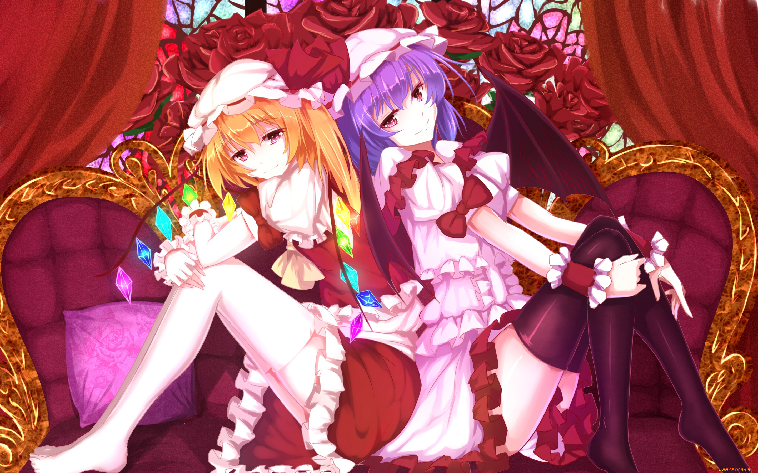 аниме, touhou, flandre, scarlet, софа, красные, розы, девушки, арт, bakanoe, remilia, цветы