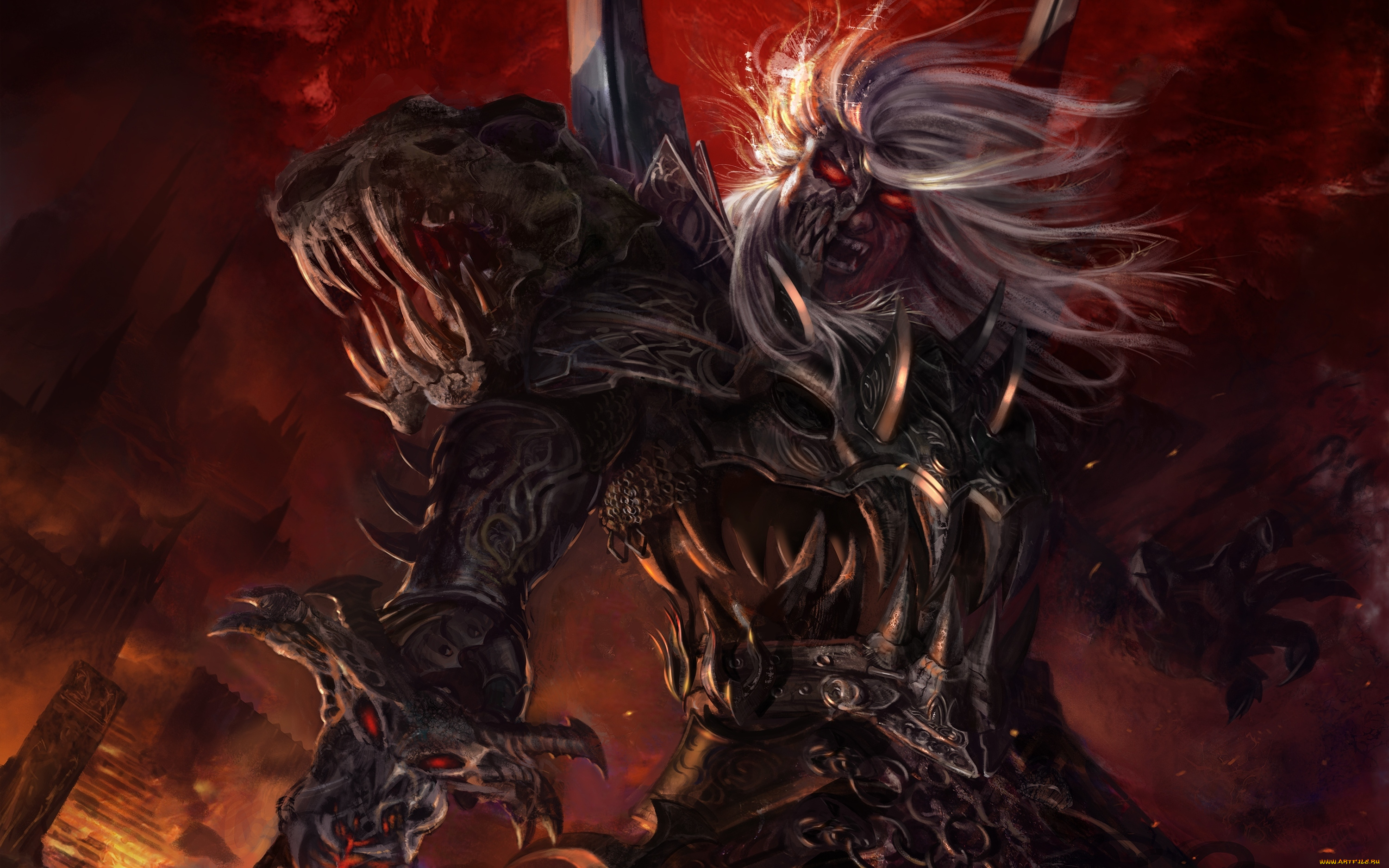 фэнтези, нежить, огонь, демон, доспехи, клыки, воин