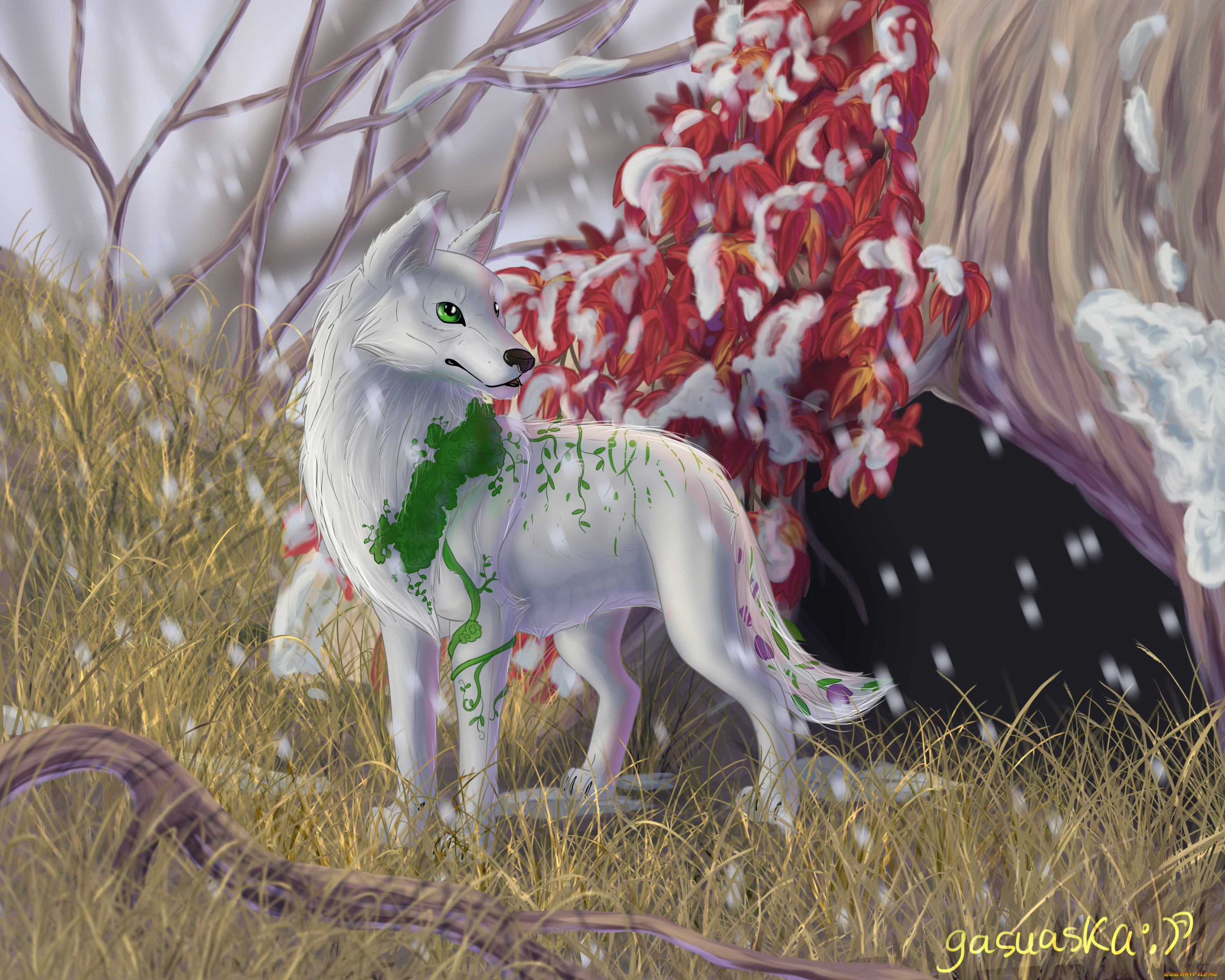 рисованное, животные, , сказочные, , мифические, фон, лес, волк