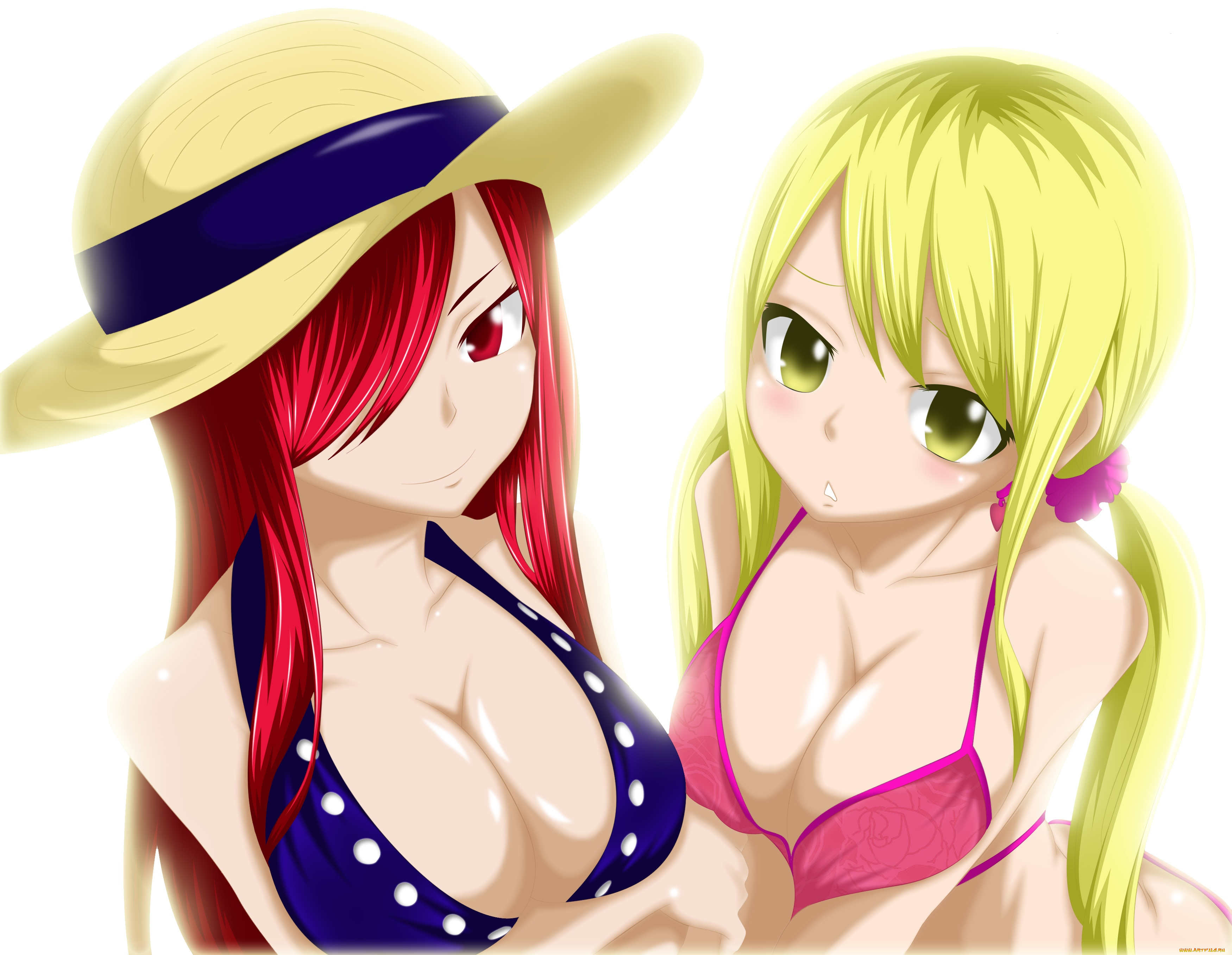 fairy, tail, аниме, lucy, heartfilia, шляпа, взгляд, девушки, erza, scarlet, фон