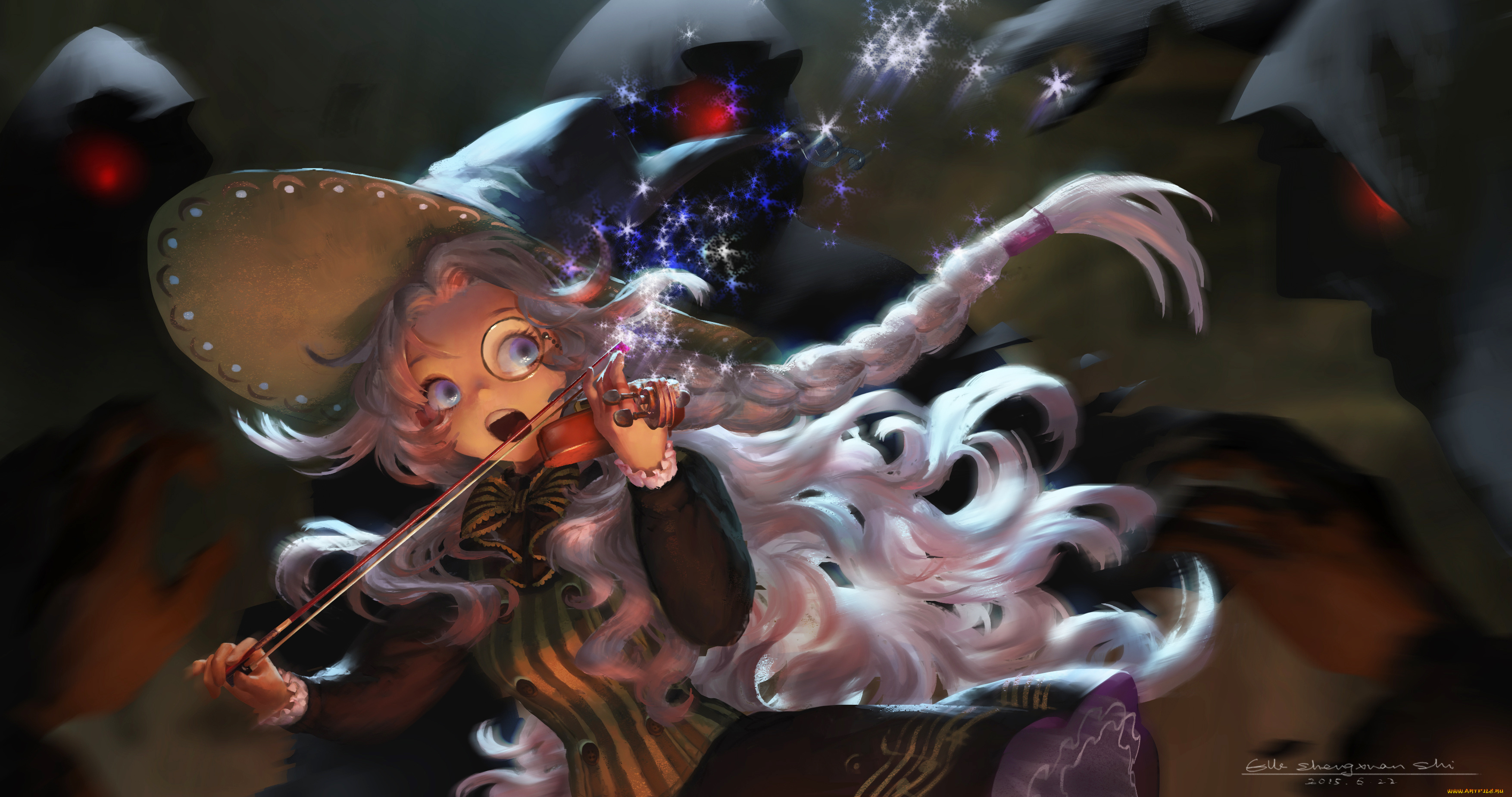 аниме, pixiv, fantasia, косы, шляпа, девочка, скрипка, искры, арт, lost, elle, pixiv, fantasia