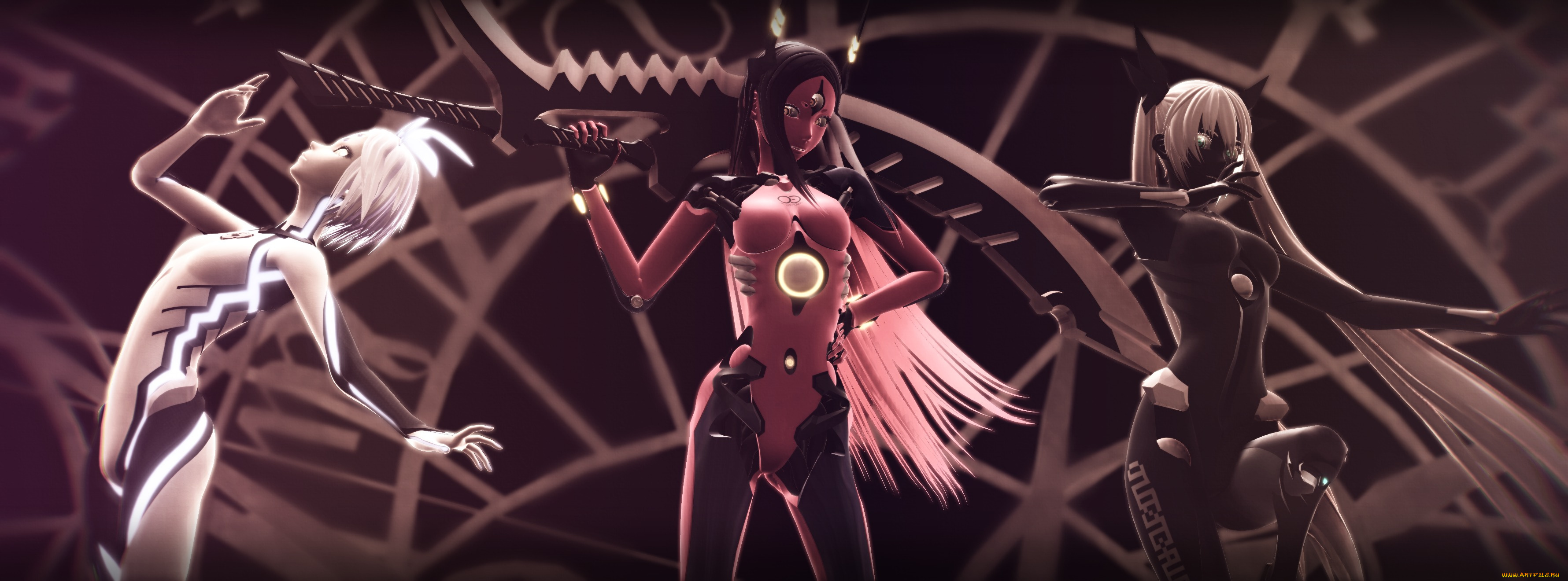 фэнтези, роботы, , киборги, , механизмы, девушки, carbon, black, miku, tri-oxygen, luka, phosphorescent, rin, оружие, бантик, vocaloid, вокалоид