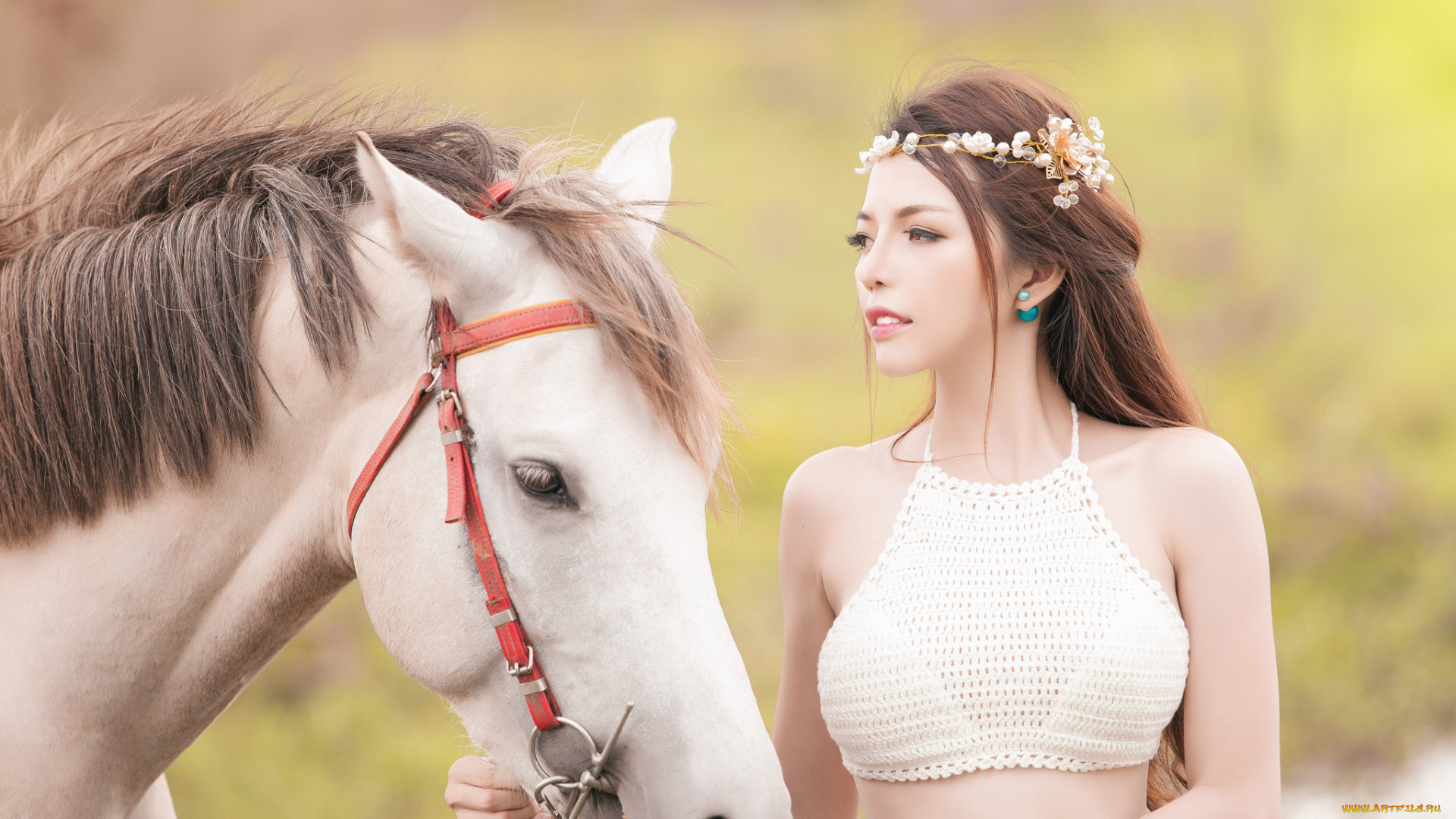 девушки, -unsort, , азиатки, девушка, венок, лошадь, конь, морда, настроение