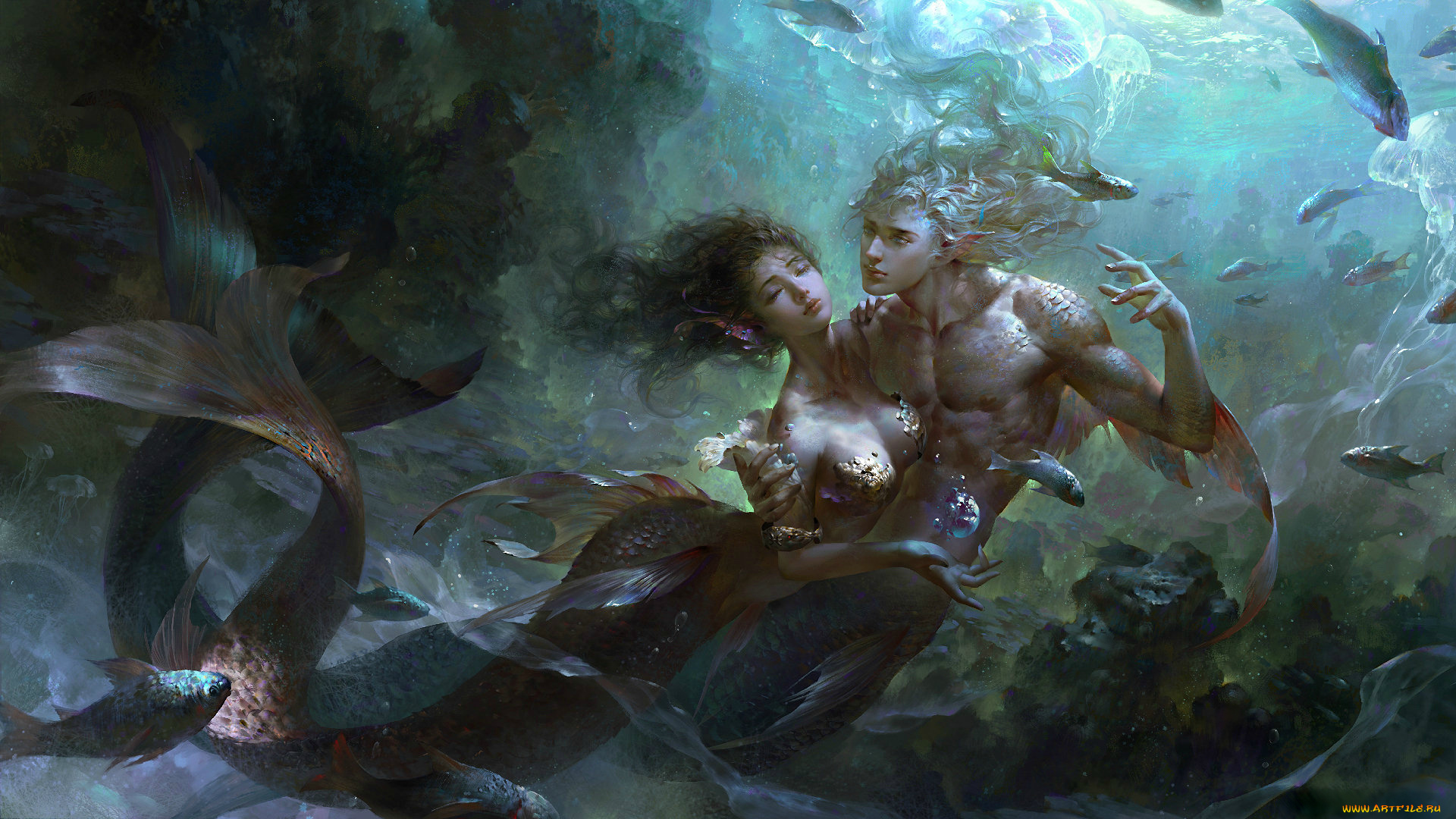 фэнтези, русалки, fantasy, русалка, море, девушка, парень, арт, рыба