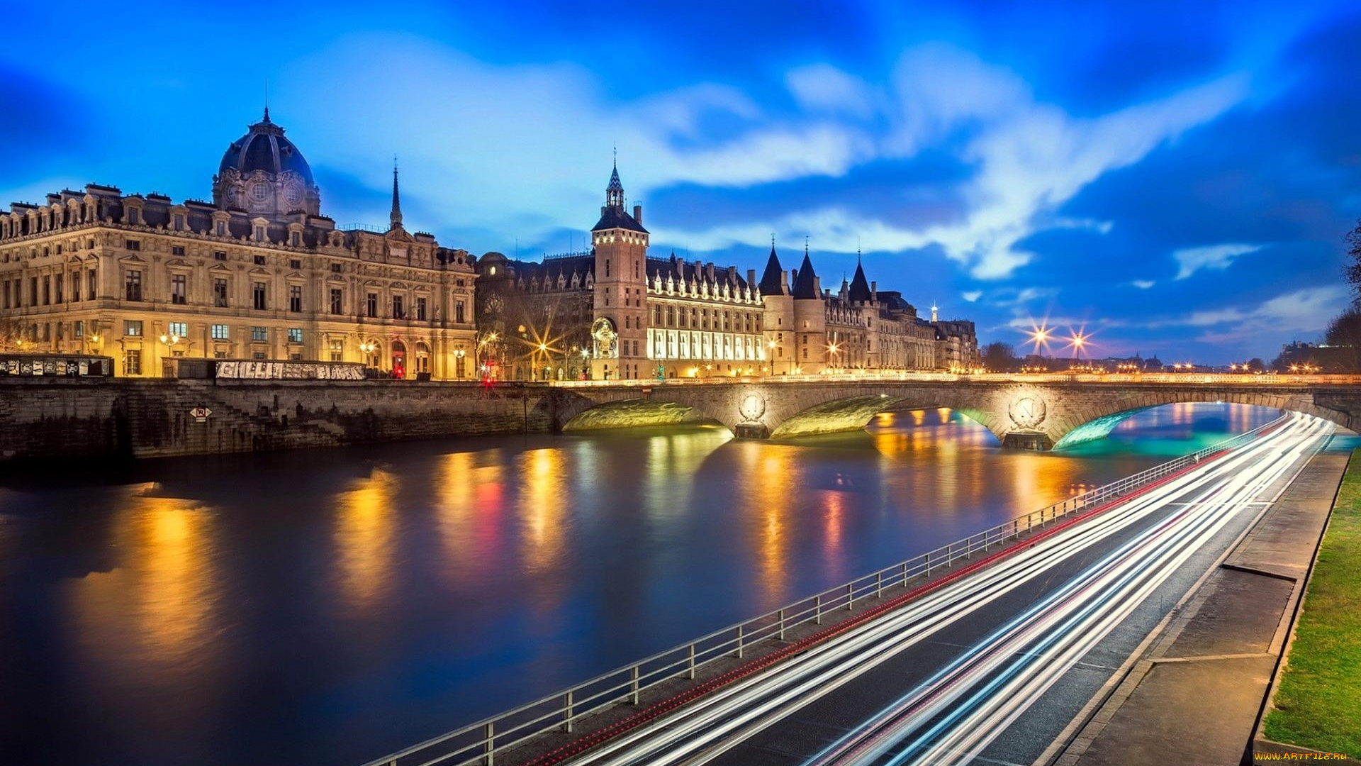 города, париж, , франция, здания, мост, облака, небо, сена, река, вечер, огни