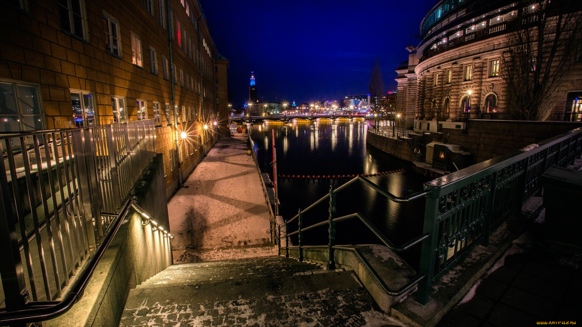 города, стокгольм, , швеция, мостик, река, вечер