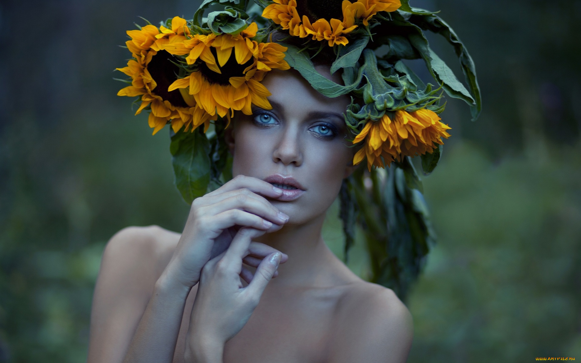 девушки, -unsort, , лица, , портреты, подсолнухи, руки, взгляд, лицо, венок