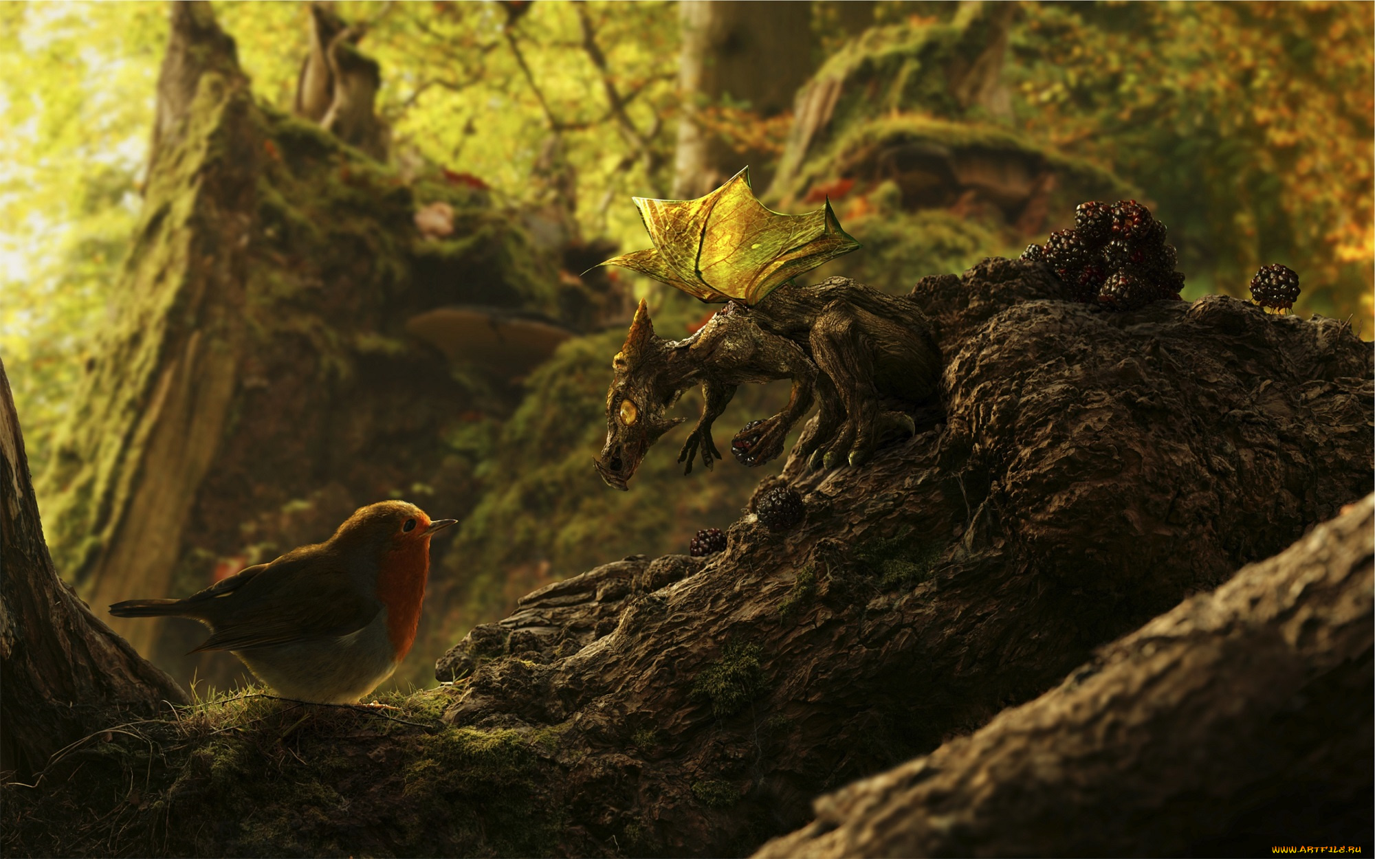 фэнтези, драконы, ежевика, ягоды, дракон, дракончик, прица, лес