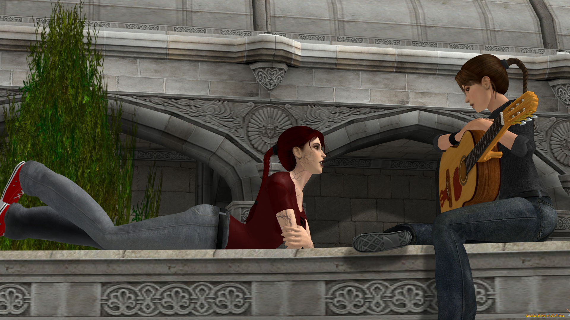 3д, графика, люди, , people, девушки, взгляд, фон, гитара