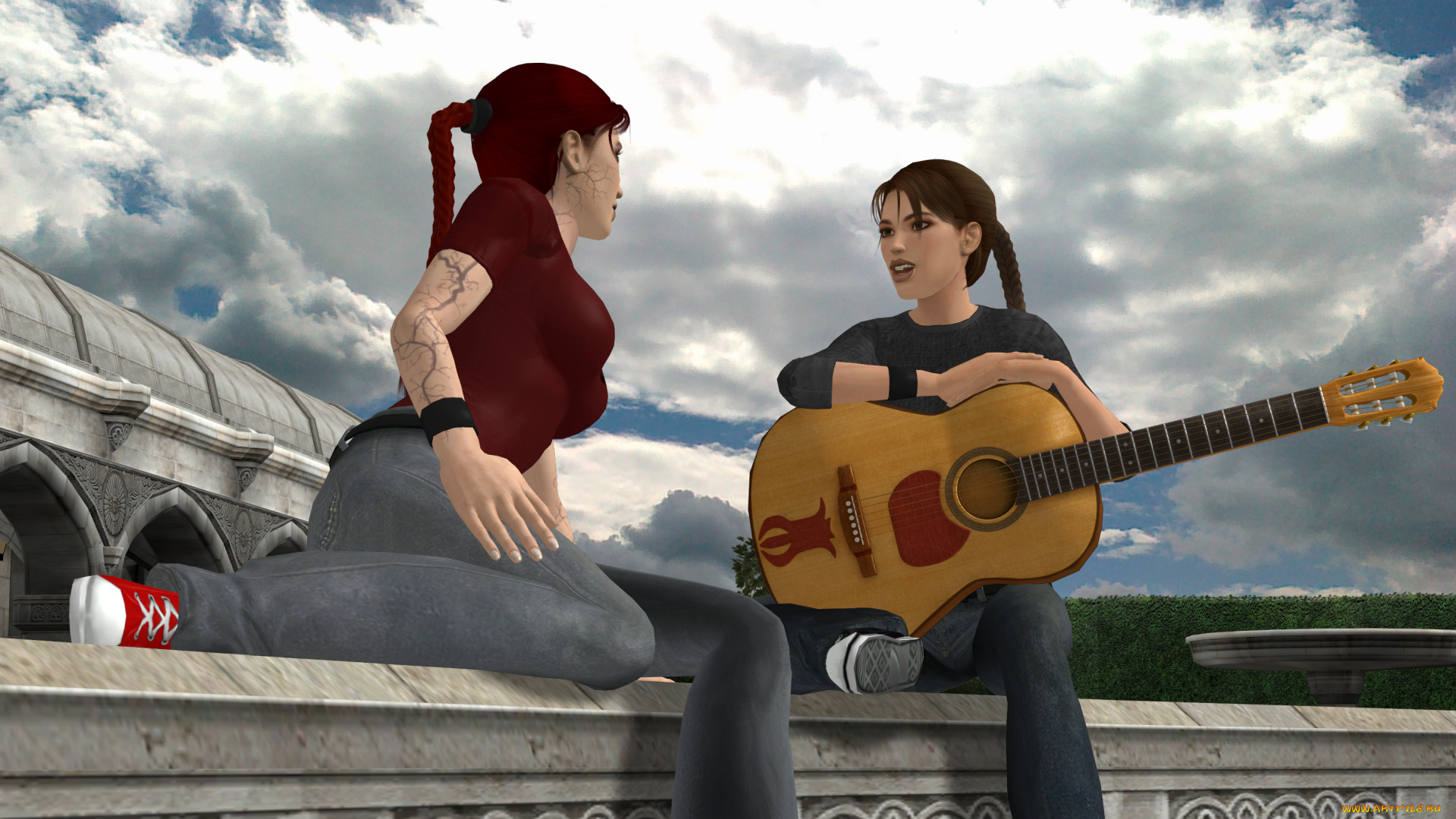 3д, графика, люди, , people, девушки, взгляд, фон, гитара