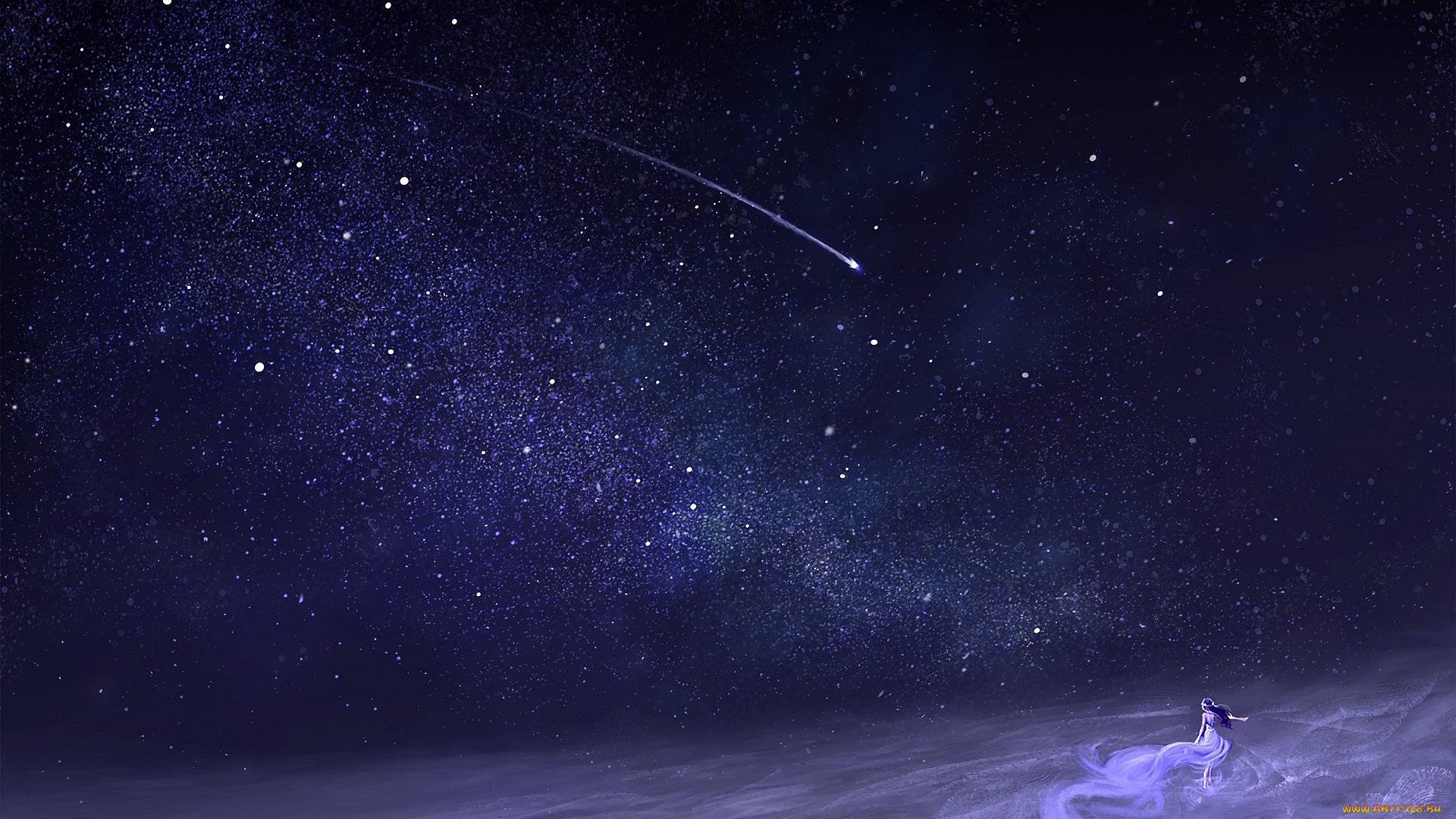 аниме, unknown, , другое, небо, девушка, ночь, падающая, звезда, танцует